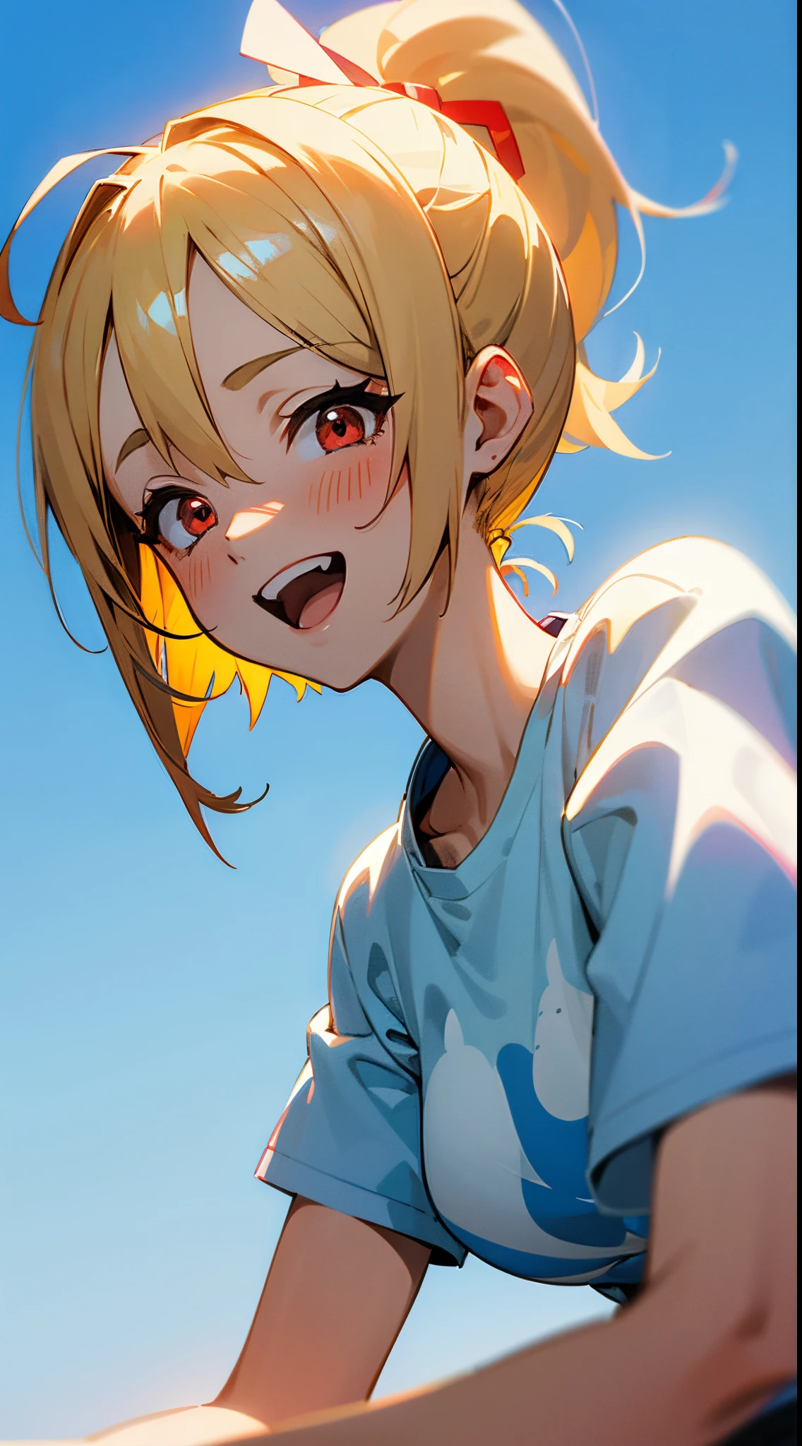 1 girl, Blonde ponytail、Ahoge、big round red eyes、small tits, Solid color background of sky blue, Pure blue background, Dark blue background, warm tone, Warm light, Healing Line, (Best Quality, masutepiece, 8K), White T-shirt, Laugh, happily laughing, Upper body close-up, Anime style, Wallpaper, avatar, close up of head --v6