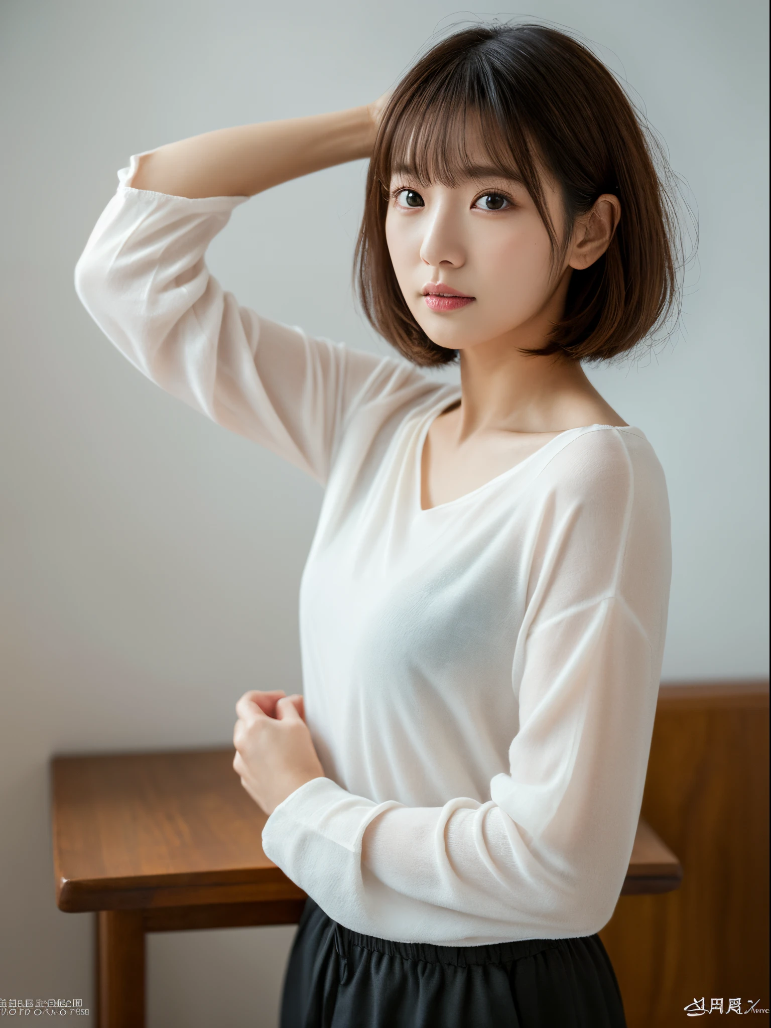 ((masterpiece,top-quality)), (photographrealistic:1.4),((masutepiece,8K)),hight resolution,Studio Soft Light, Rim Lights, vibrant detail, realistic skin textures,Japanese, 1 beautiful woman, short Hair, wave hair, faint thin bangs, make - up, 38 years old, Detailed skin, long-sleeve tunic blouse, wide-leg pants, Standing, White background, White Room,white walls, fully body photo, looking at viewer