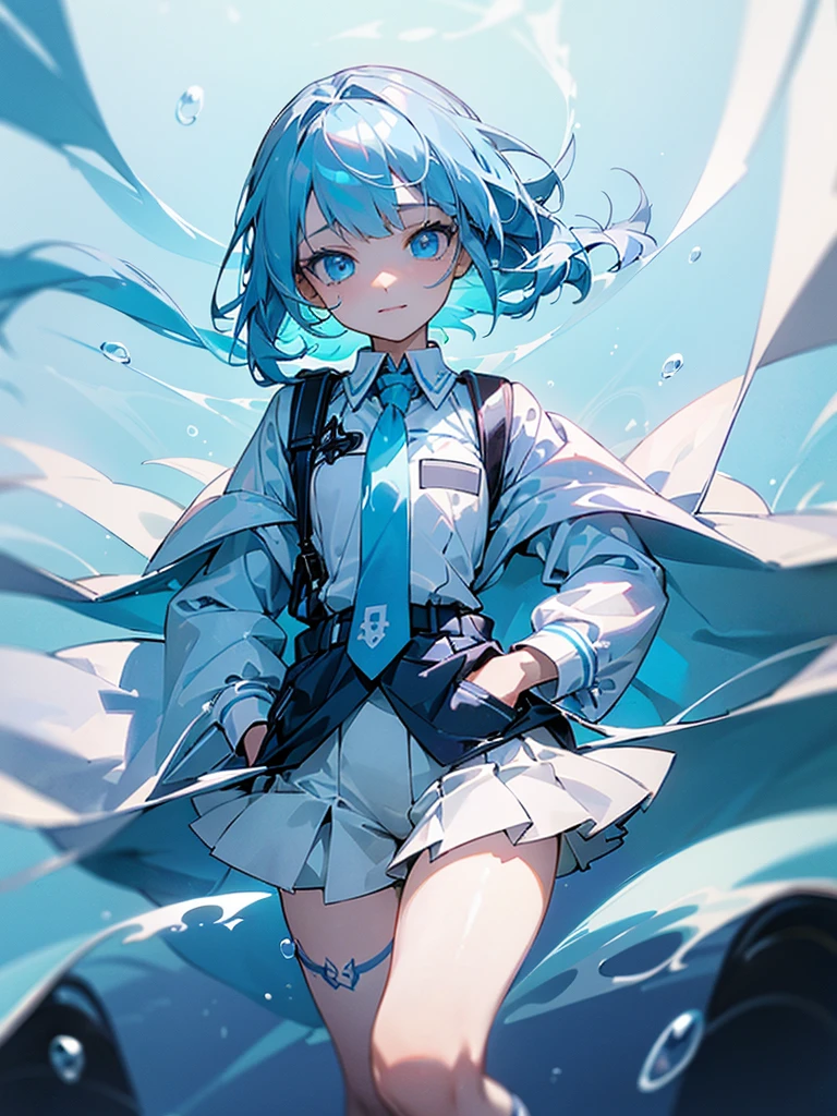 ((top-quality)), ((​masterpiece)), ((ultra-detailliert)), (Extremely delicate and beautiful), girl with, 独奏, cold attitude,Fearful look、depth of fields,Evil smile,Bubble, under the water, Air bubble,bright light blue eyes,inner color with bright gray hair and light blue tips,,,,,,Cold background,bobhair、shortpants、knee high socks、White uniform like school uniform、Light blue ribbon ties、Clothes are sheer、Hands in pockets、Bright eyes like sapphire,Fronllesse Blue, A small blue light was floating、fantastic eyes,Jumping figure、terror、terrified expression、blackstockings，abstract pattern tattoo，