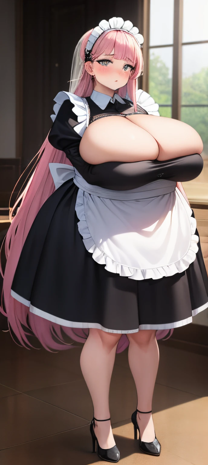 realistic, 1girl, pink hair, very long hair, wear bride veil, straight hair, blunt bangs, (beautiful eyes), blush, ((((white maid dress, fully clothed)))), ((big breast)), maid headband, white hand gloves, high heels, ribbon, night, indoor, staring at viewer, lipstick, closed mouth, bare foot, sfw, very big breast, [big belly], covered belly, thicc girl, standing, fat girl, obese girl