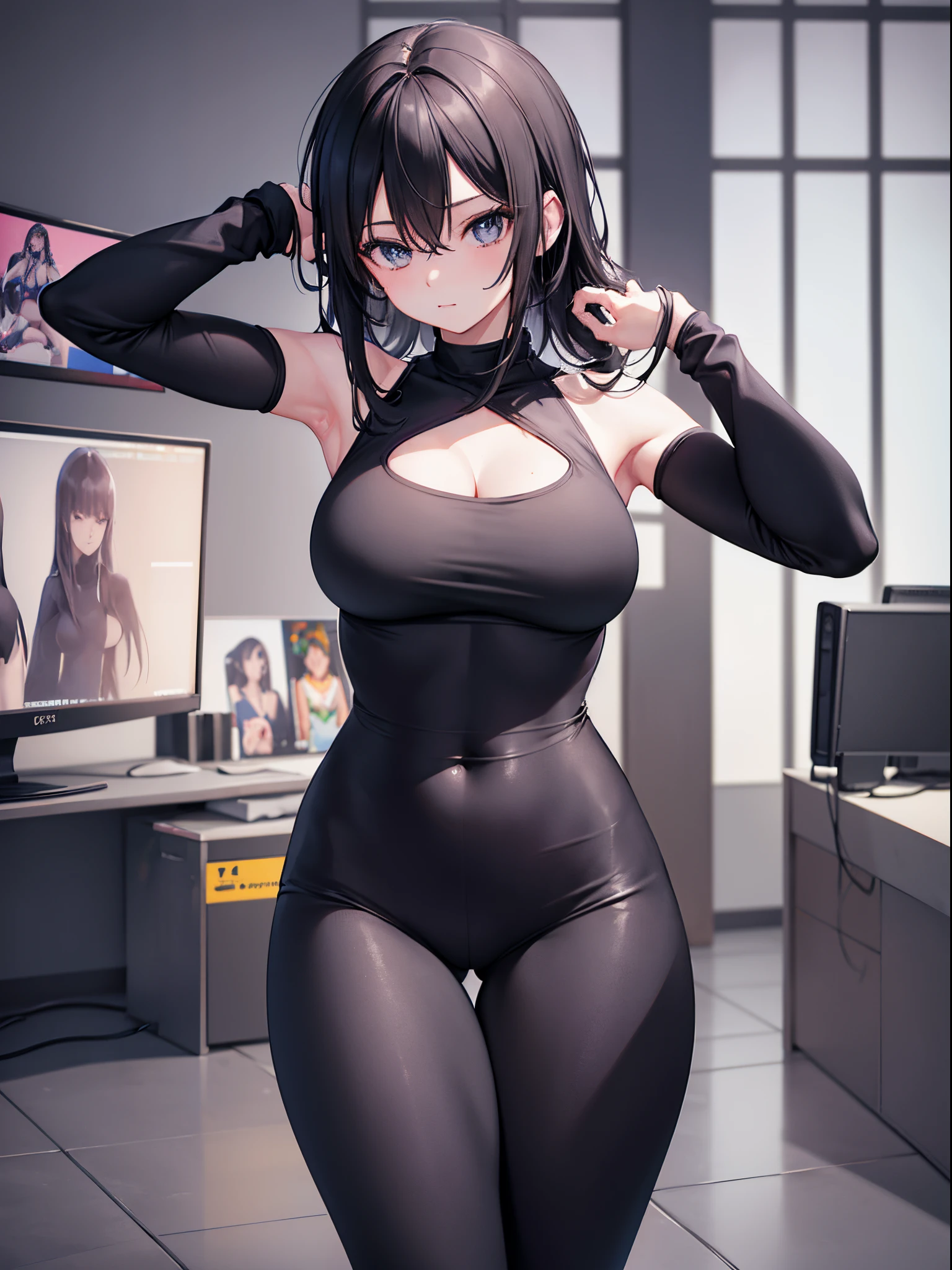 Woman wearing black leggings posing for photo, The head is not exposed，Wearing half-sleeved upper body，[ 4K realism ]!!, [ 4K realism ]!!!, [ 4K digital art ]!!, Realistic shadow perfect body, realisticlying!!!!!!! art-style, photorealistic anime, by Shitao, Popular topics on cgstation, Casual pose, realistic anime 3D style