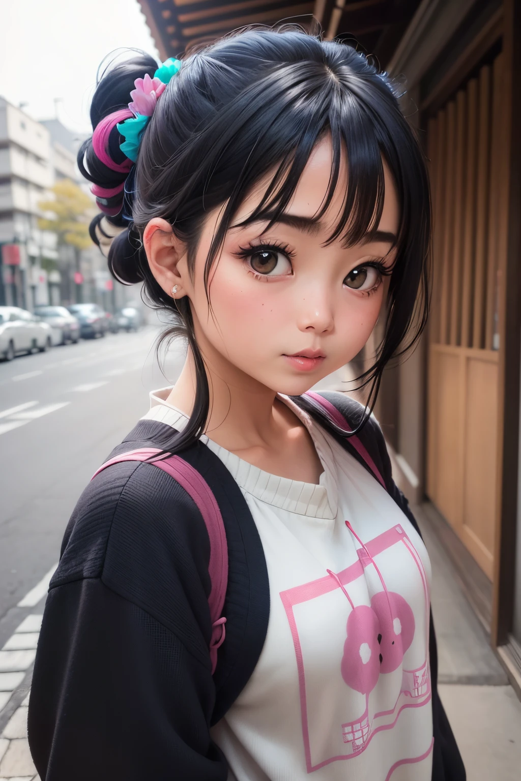 adorable, Chica japonesa, ( apagado_Hombro Summ Ersweater), retrato ,colas gemelas, Cabello Scrunchie, , (high saturation:1.0), (Piel extremadamente detallada), (La mejor calidad:1.0), (Ultra Highres:1.0) ,(Foto realista:1.0), (Ultra detallado:1.0), (8k, Foto RAW:1.1),...porno