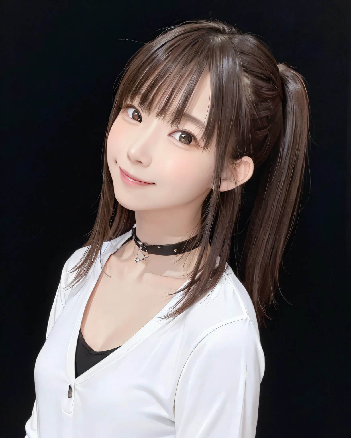 (8K、top-quality、​masterpiece:1.2)、20 year old girl, Super long ponytail、Smiling,  White tops&Please wear a coat,  hair pin.a choker、(flat chest)、(Black background)