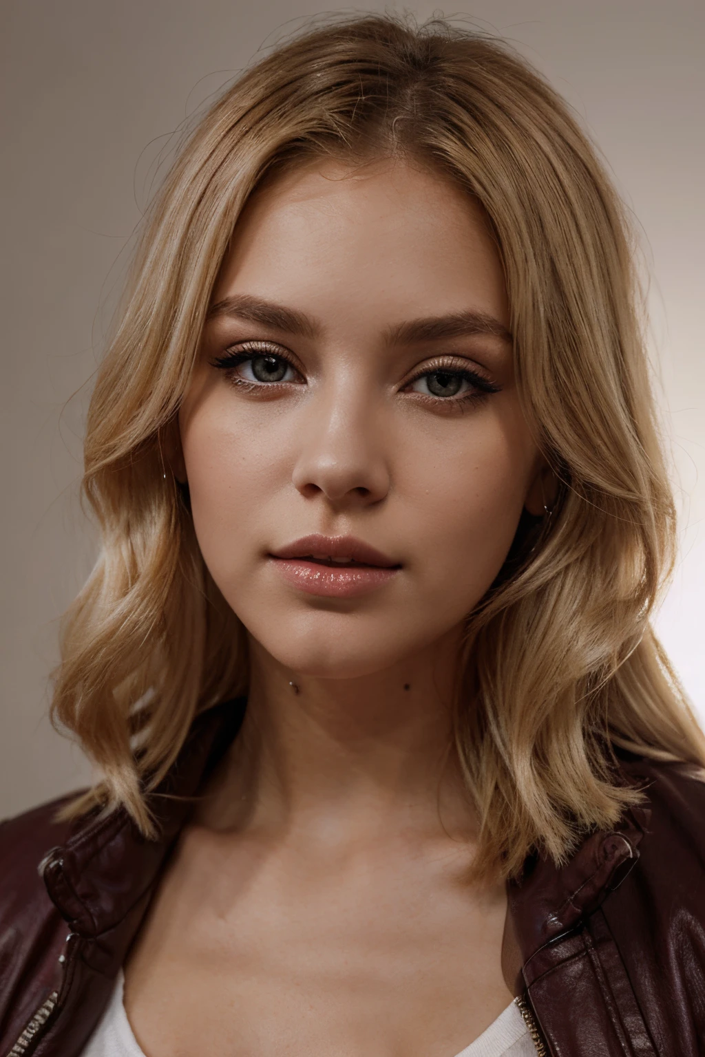 whitebackground, young beautiful woman, bright jacket, bright makiya, burgundy lipstick, smokey eyes, blonde woman, shingle, soft-lighting,
