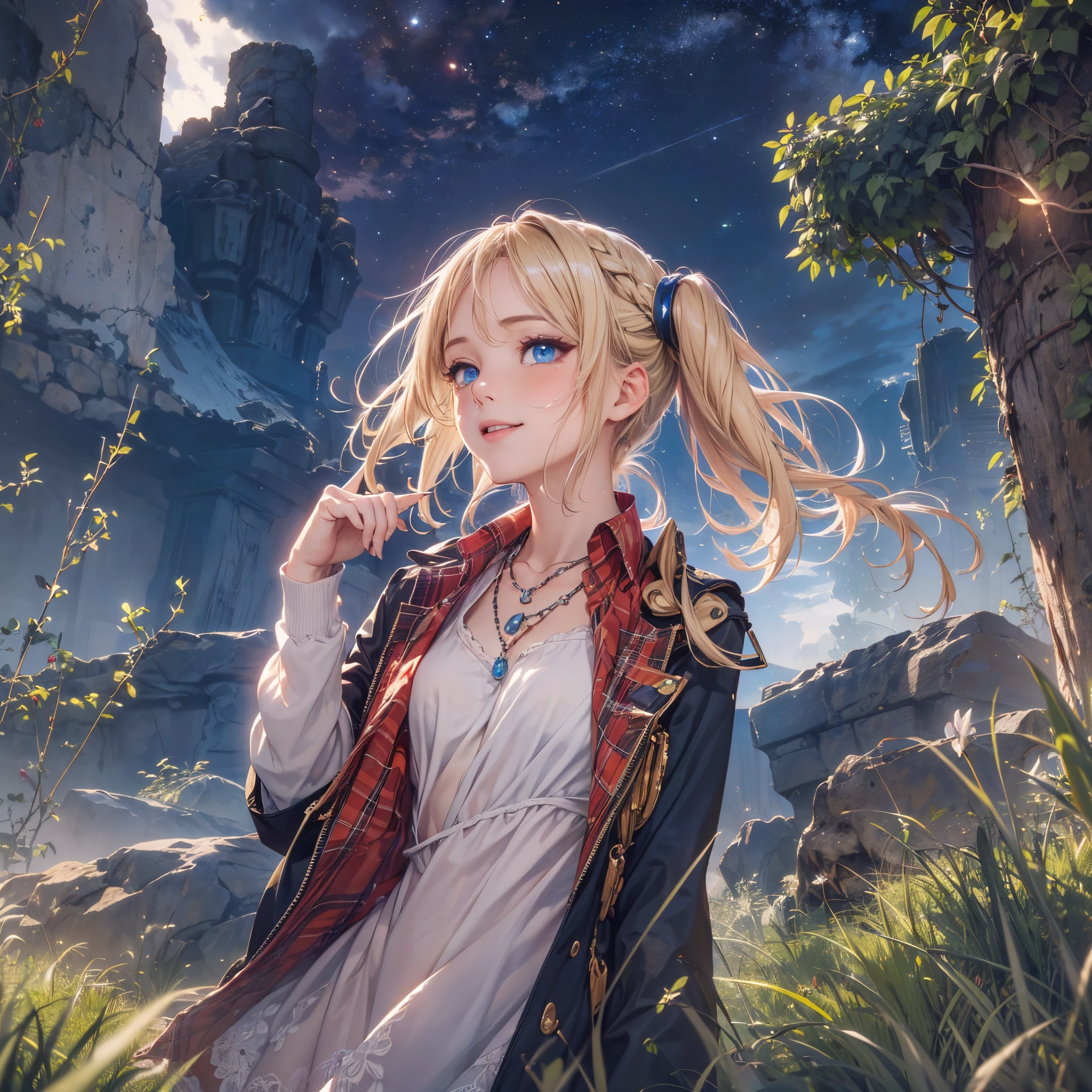 (masterpiece),(top-quality:1.2),1girl in,(masuter piece:1.3),exquisitedetails, Highest quality 8K resolution,Vibrant colors, With warm and gentle lighting,(Smooth straight blonde hair:1.2),(Hair parted in the middle:1.3),(Glowing hair),(Dark blue eyes:1.3),Smile with tears,White skin, hair clips,Small necklace,