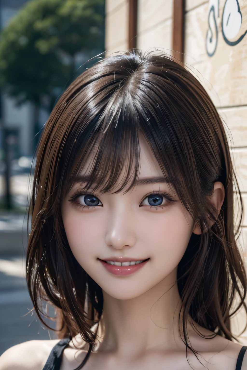 (A hyper-realistic) , (photographrealistic:1.4),(Increase the resolution), (8K), (ighly detailed), (beatiful detailed eyes), (best qualtiy), (ultra-detailliert), (​masterpiece), (wall-paper), (详细的脸), 独奏,1 rapariga, perfect beautiful japanese woman:1.4、25-years old、looking at the viewers, delicate detail, A detailed face, murky, deep-shadows, hair messy, asymmetrical bangs, (ssmile:1.5),