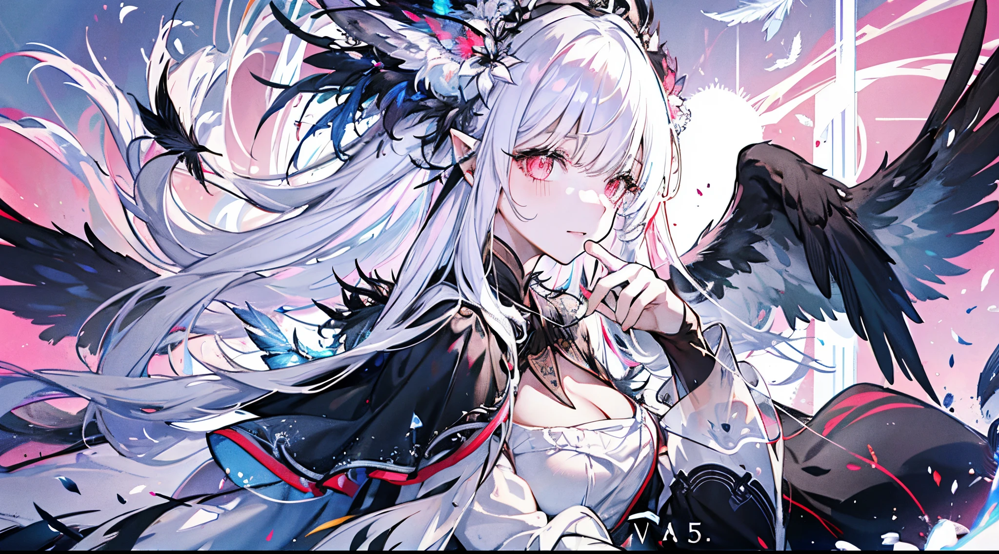 （（tmasterpiece：1.4，Best quality））+，（hyper-detailing）+，（Ultra-detailed eyes）+，（winged ears，pointy ears：1.5），
（cute girls），18yr old，（Red pupils：1.15），cabelos preto e longos，White ponytail，Bushy hair（wariza：1.2），pale-skinned，Seductive smile，crystal，white bird feathers，vacant eyes
（She wears a conservative black and white kimono，red pattern：1.5），（black colored leggings：1.4）The sleeves are long，Red bird feather headdress，Black clouds and snowy mountains，fragment crystallization ，black fingernails，tear drop，gray cloak，black and white gloves，black long boots，Black veil，Red giant eyes，wine jugs
（bird feathers：1.1），
（dawn light：1.2），
（Thick black and white：1.16），（depth of fields：1.4），Complicated details，color mixing，Detailed route，Excellent,super detailing,The content is very detailed,(hight contrast:1.11),ventania,Amazing cleavage,beautidful eyes,messy  hair,(best illuminate，Extremely Delicately Beautiful), ((movie light lighting)), (seen from the side:1.3)，8K,tmasterpiece，Best quality，cinematic Film still from，1 plump girl，floating in sky，Intertwined clouds，cloud，（Close-up cleavage：1.1），bright，cheerful，Interesting，gentlesoftlighting，（bauhause，shape，line engineering，Abstract：1.1）offcial art， Unity 8k壁纸， ultra - detailed， Beautiful and beautiful， tmasterpiece， Best quality， （dynamic angle：1.4），romantic depth of field exotic_dances，Perfect NwsjMajic，（tmasterpiece，top-quality，Best quality，offcial art，Beauty and aesthetics：1.2），The content is very detailed，rich colourful，highest details，