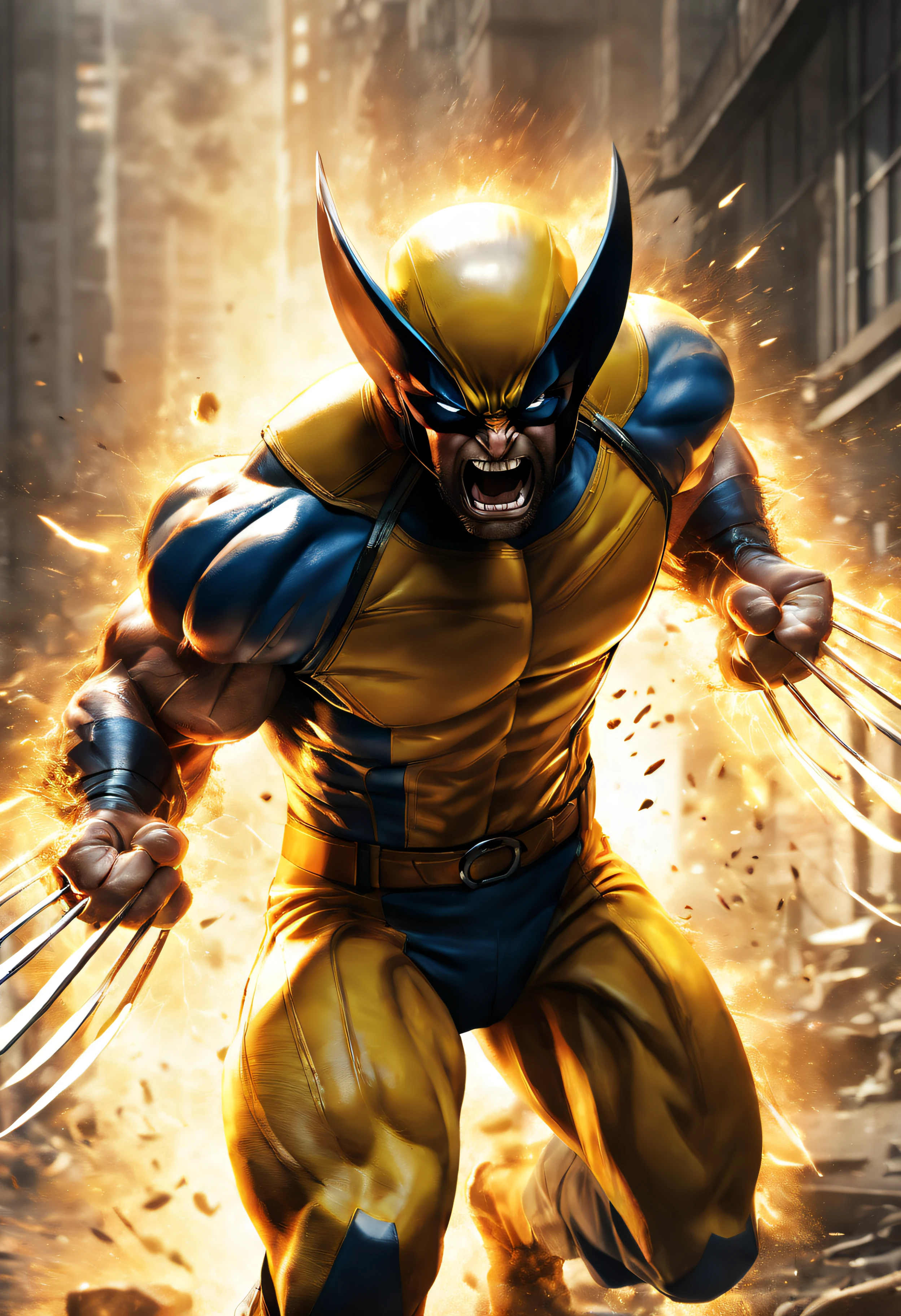 best quality,ultra-detailed,(realistic:1.37),Wolverine, fighting, explosion, intense muscles, adamantium claws, snarling expression, shredded clothing, superhuman strength, fierce battles, intense energy, dynamic movements, sparks and debris, glowing eyes, powerful strikes, adrenaline rush, epic confrontation, high-octane action, intense combat, explosive power, destructive force, fiery explosions, dramatic poses, dramatic lighting, cinematic atmosphere, intense emotions, fast-paced fighting, fierce determination, high-impact visuals, dynamic composition, action-packed scenes, thrilling battles, adrenaline-fueled intensity, immersive experience, explosive action, power unleashed.