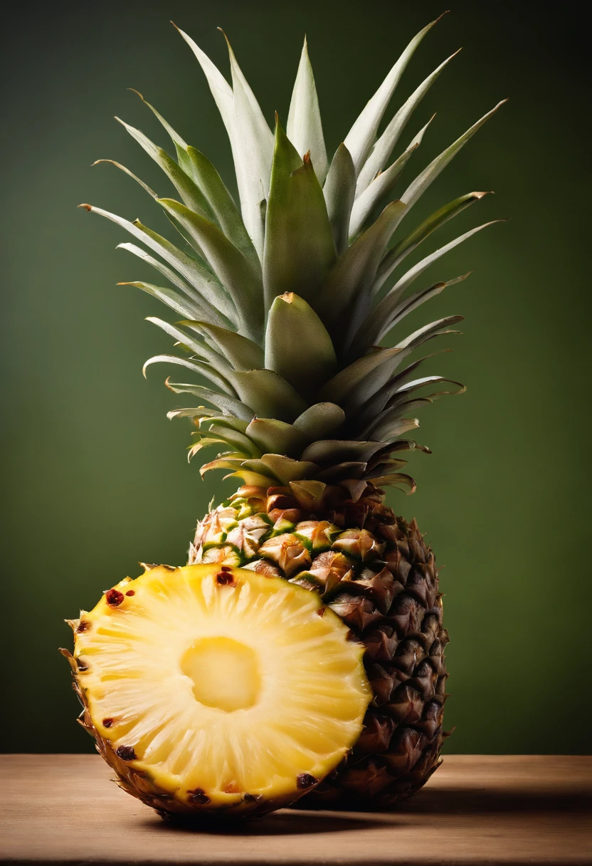 A high-resolution image of a pineapple being sliced with a sharp knife, showcasing the detailed cross-section view of the fruit’s texture, juice, and core, creating a visually satisfying and mouthwatering display.