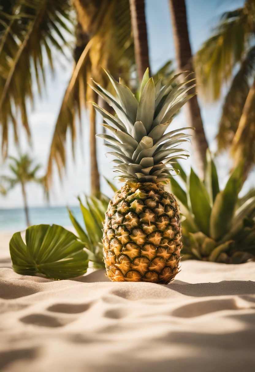 A visually pleasing composition of a pineapple-themed tropical scene, with the fruit placed on a sandy beach surrounded by palm trees, creating a visually relaxing and summery image.