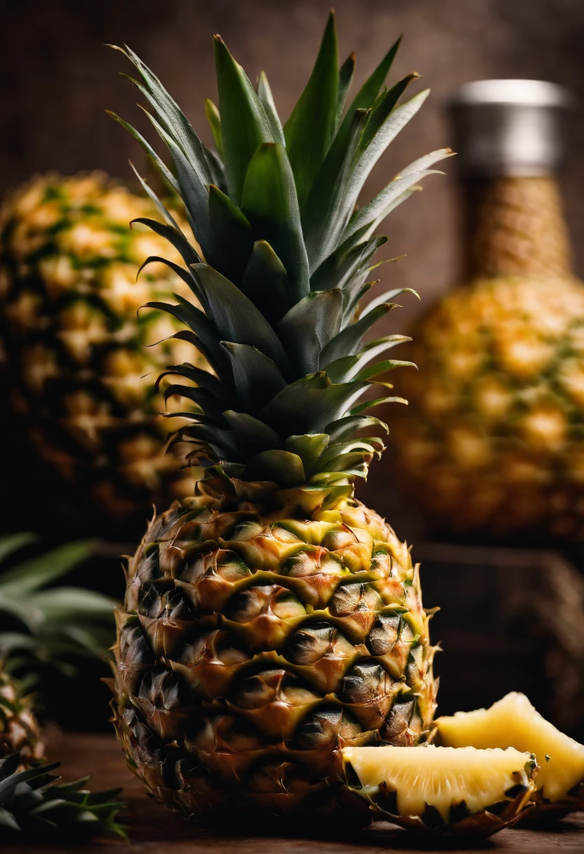 A close-up shot of a pineapple being peeled, revealing the intricate pattern of its flesh and the aroma of the fruit, creating a visually captivating and sensory experience.