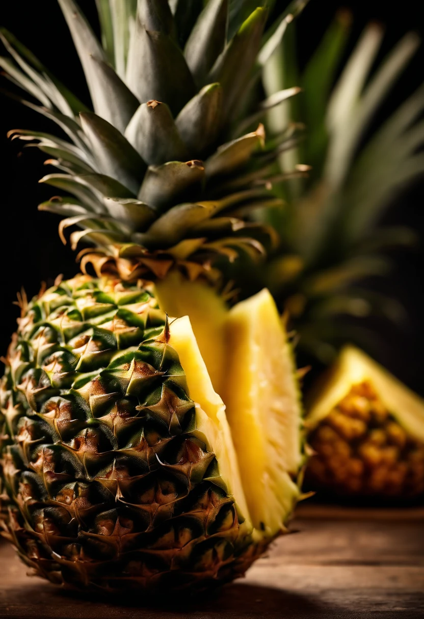 A close-up shot of a pineapple being peeled, revealing the intricate pattern of its flesh and the aroma of the fruit, creating a visually captivating and sensory experience.