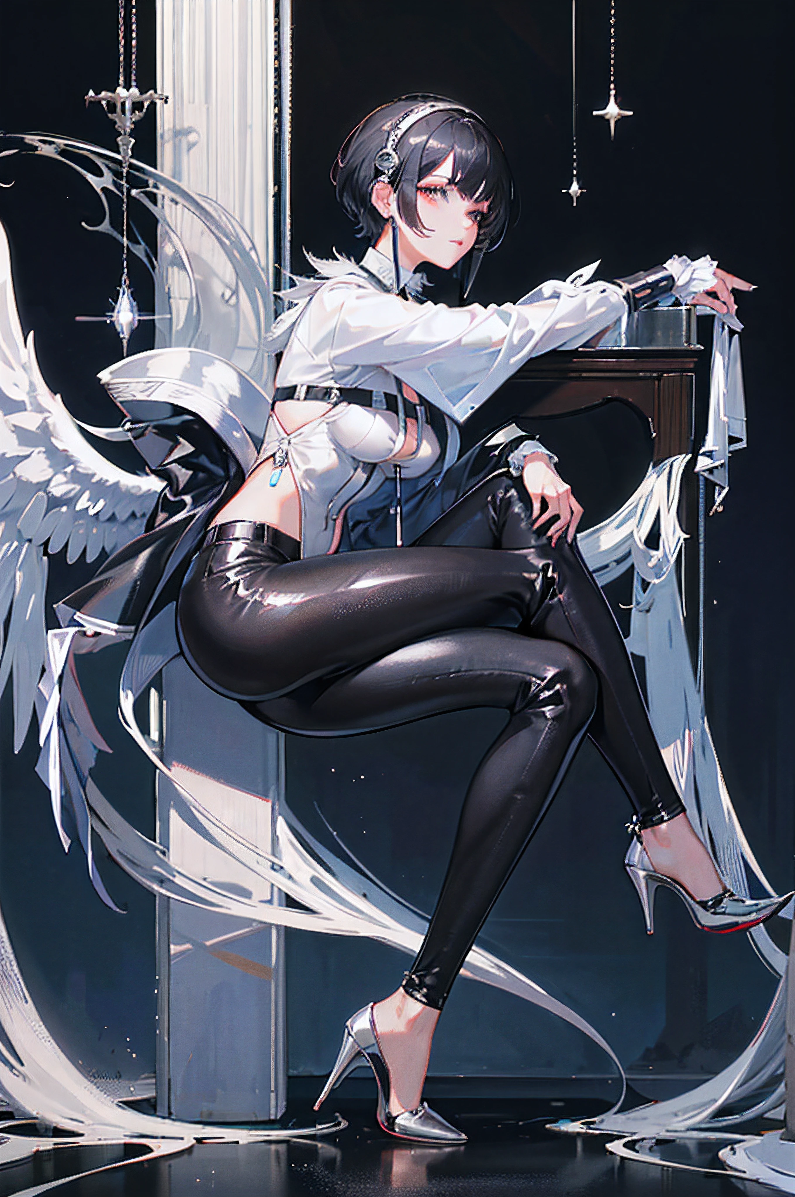 Create an artwork of a beautiful woman with short black hair, imposing, pretty face, 26 years old, with silver headphones, silver jacket, with silver wings, well-manicured nails, silver skin-tight pants, with thick silver soles and high heels , Glossy, Chrome, Detailed, 8k