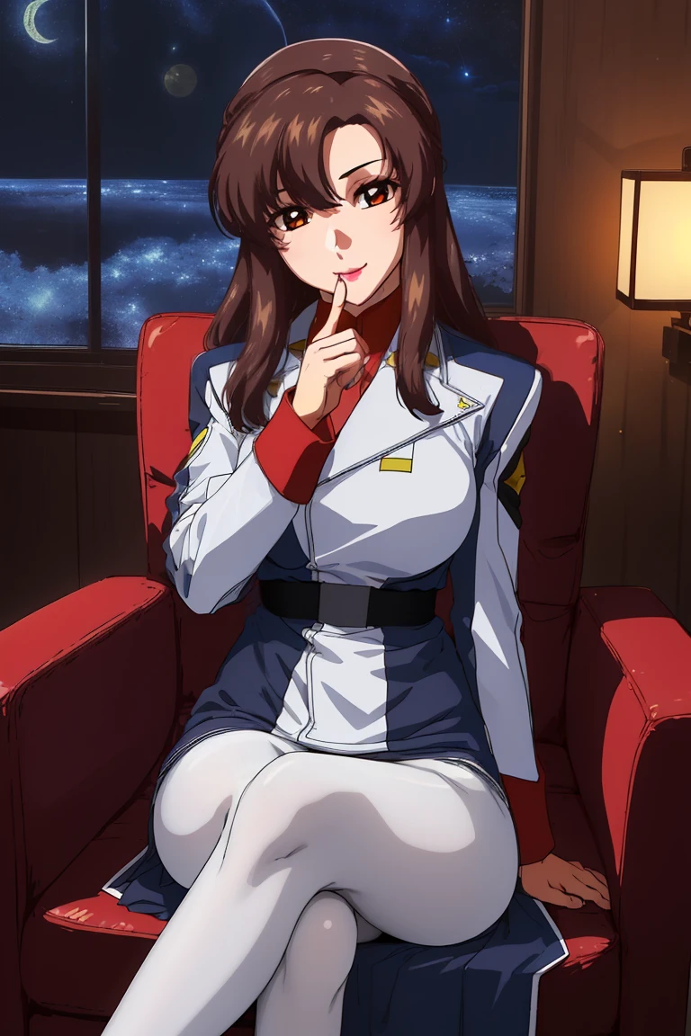 (Night:1.7),Space Battleship in Space,
Sitting on white_armchairs,
Military uniform, Military,Jacket,Blue and white uniform,Skirt,
(Black_pantyhose:1.3), 
Bangs,brown_hair, long_hair,Red Eyes,lip stick,makeup, 
1 girl,27yo,Female,Beautiful Finger,Beautiful long legs,Beautiful body,Beautiful nose,Beautiful character design, Perfect eyes, Perfect face, Japanese,Cosplay,
Looking at Viewer, (Innocent_Big_Eyes:1.0),enticing,embarrassed, Shy,lightsmile,
NSFW,Official art,the Extremely Detailed CG Unity 8K Wallpapers, Perfect Lighting, (masutepiece:1.0),(best_quality:1.0), 超A high resolution,4K,Ultra-detailed, Photography, 8K, nffsw, hight resolution, absurderes:1.2, Kodak Portra 400, Film grain, Blurry background, Bokeh:1.2, Lens Flare, (Vibrant_Color:1.2),(Beautiful_Face:1.5),(narrow_waist),(Perfect hands, Perfect Anatomy),white lace panties,nsfw, panty shot,upskirt,nsfw