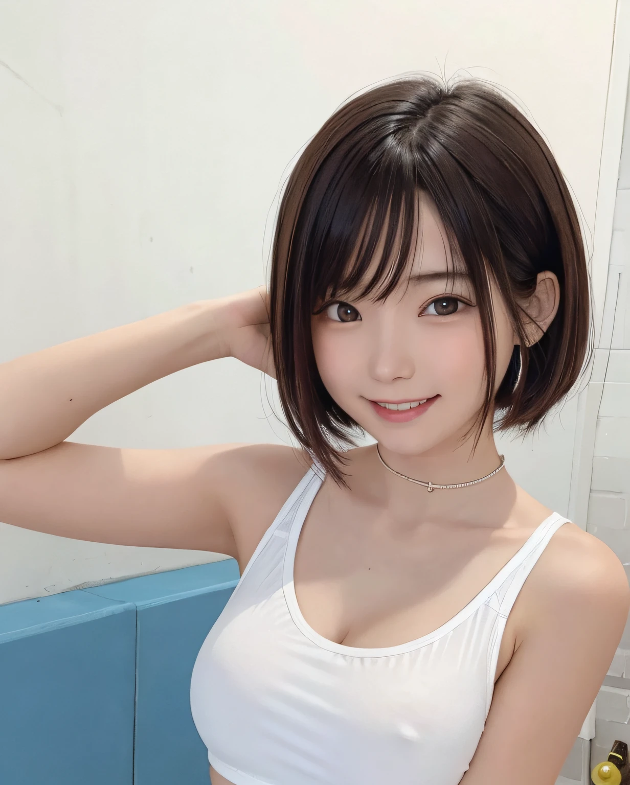 20 year old girl, Smiling, Wear a white top, short detailed hair, Star Hairpin.