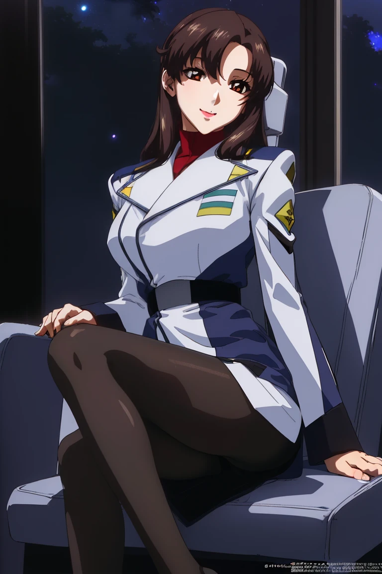 (Night:1.7),Space Battleship in Space,
Sitting on white_armchairs,
Military uniform, Military,Jacket,Blue and white uniform,Skirt,
(Black_pantyhose:1.3), 
Bangs,brown_hair, long_hair,Red Eyes,lip stick,makeup, 
1 girl,27yo,Female,Beautiful Finger,Beautiful long legs,Beautiful body,Beautiful nose,Beautiful character design, Perfect eyes, Perfect face, Japanese,Cosplay,
Looking at Viewer, (Innocent_Big_Eyes:1.0),enticing,embarrassed, Shy,lightsmile,
NSFW,Official art,the Extremely Detailed CG Unity 8K Wallpapers, Perfect Lighting, (masutepiece:1.0),(best_quality:1.0), 超A high resolution,4K,Ultra-detailed, Photography, 8K, nffsw, hight resolution, absurderes:1.2, Kodak Portra 400, Film grain, Blurry background, Bokeh:1.2, Lens Flare, (Vibrant_Color:1.2),(Beautiful_Face:1.5),(narrow_waist),(Perfect hands, Perfect Anatomy),white lace panties,nsfw,