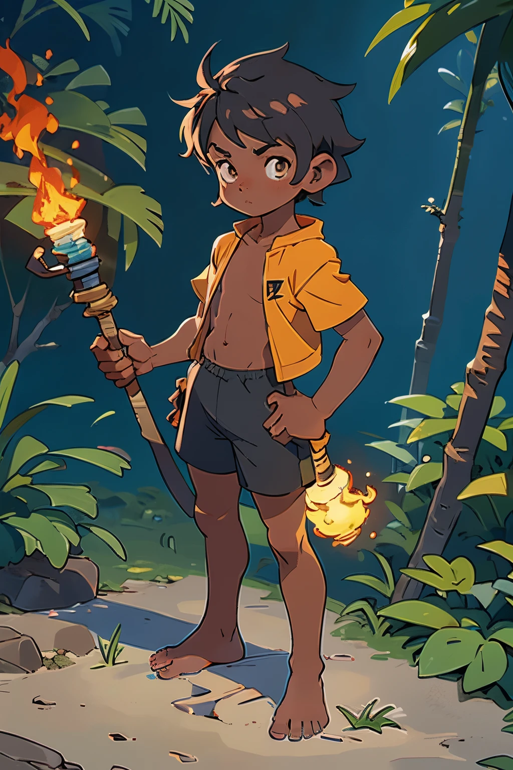 garoto, homem, corpo pequeno, cabelos ruivo, cabelo vermelho, short de folhas, sem camisa, sem camiseta, Pele preta, holding torch, fundo da floresta