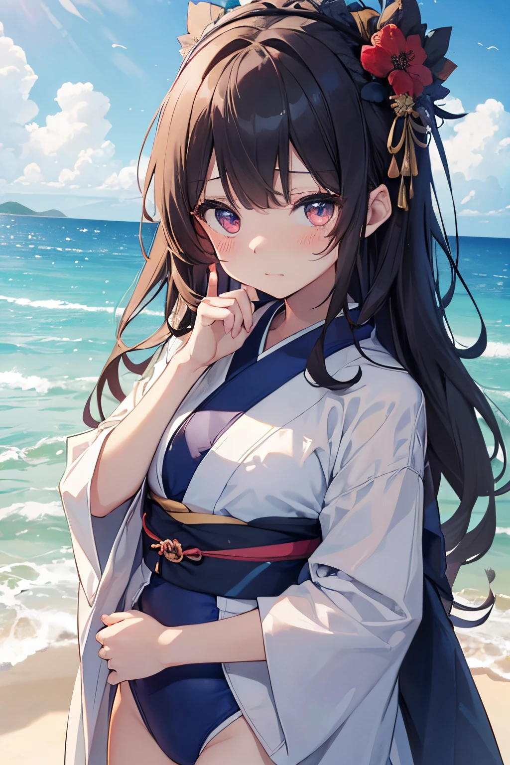 ((2D Beautiful Girl：1.5、top-quality：1.5、perfect fingers:1.1、perfect anatomia:1.1、Perfect outfit、Beautiful illustration))、cute petit girl、(transform sequence)、((cute decorative headband、Pretty kimono-style swimsuit))、8years old、Solio、Fractal Art、baby-face、((stright long hair))、Beautiful big drooping eyes、Red in the face and embarrassed、dismay、Teary-eyed、（fullllbody）、((1人))、Blue sky and sandy beach in the background、A dark-haired