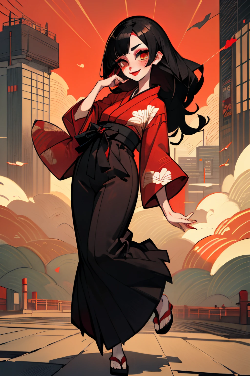 (Best Quality, masutepiece), Beautie、Black Hair Long Hair、Smile, full body Esbian, A dark-haired、make - up、Red Lip、eyeshadows、Cute eyes、Kimono、Urban city