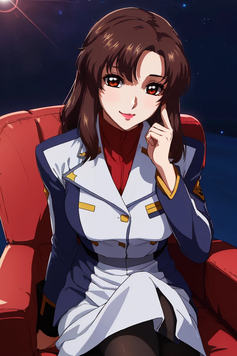 (Night:1.7),Space Battleship in Space,
Sitting on white_armchairs,
Military uniform, Military,Jacket,Blue and white uniform,Skirt,
(Black_pantyhose:1.3), 
Bangs,brown_hair, long_hair,Red Eyes,lip stick,makeup, 
1 girl,27yo,Female,Beautiful Finger,Beautiful long legs,Beautiful body,Beautiful nose,Beautiful character design, Perfect eyes, Perfect face, Japanese,Cosplay,
Looking at Viewer, (Innocent_Big_Eyes:1.0),enticing,embarrassed, Shy,lightsmile,
NSFW,Official art,the Extremely Detailed CG Unity 8K Wallpapers, Perfect Lighting, (masutepiece:1.0),(best_quality:1.0), 超A high resolution,4K,Ultra-detailed, Photography, 8K, nffsw, hight resolution, absurderes:1.2, Kodak Portra 400, Film grain, Blurry background, Bokeh:1.2, Lens Flare, (Vibrant_Color:1.2),(Beautiful_Face:1.5),(narrow_waist),(Perfect hands, Perfect Anatomy),