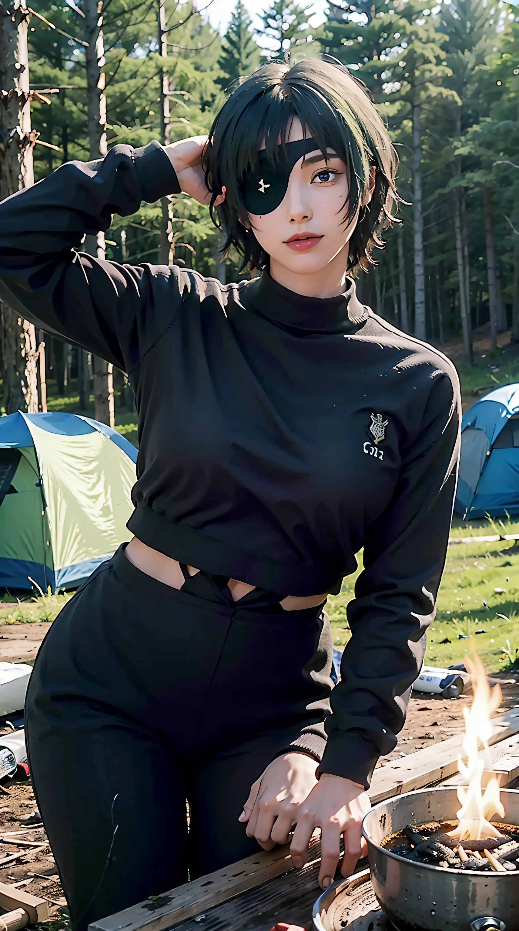 himeno, eyepatch, green hair, blue eyes, medium hair, bangs,
black eyes, beautiful, beautiful woman, perfect body, perfect breasts, wearing a sweater, in the forest, camping, camping tent, trees, night, night, campfire, looking at the viewer, a slight smile, realism, masterpiece, textured skin, super detail, high detail, high quality, best quality, 1080p, 16k