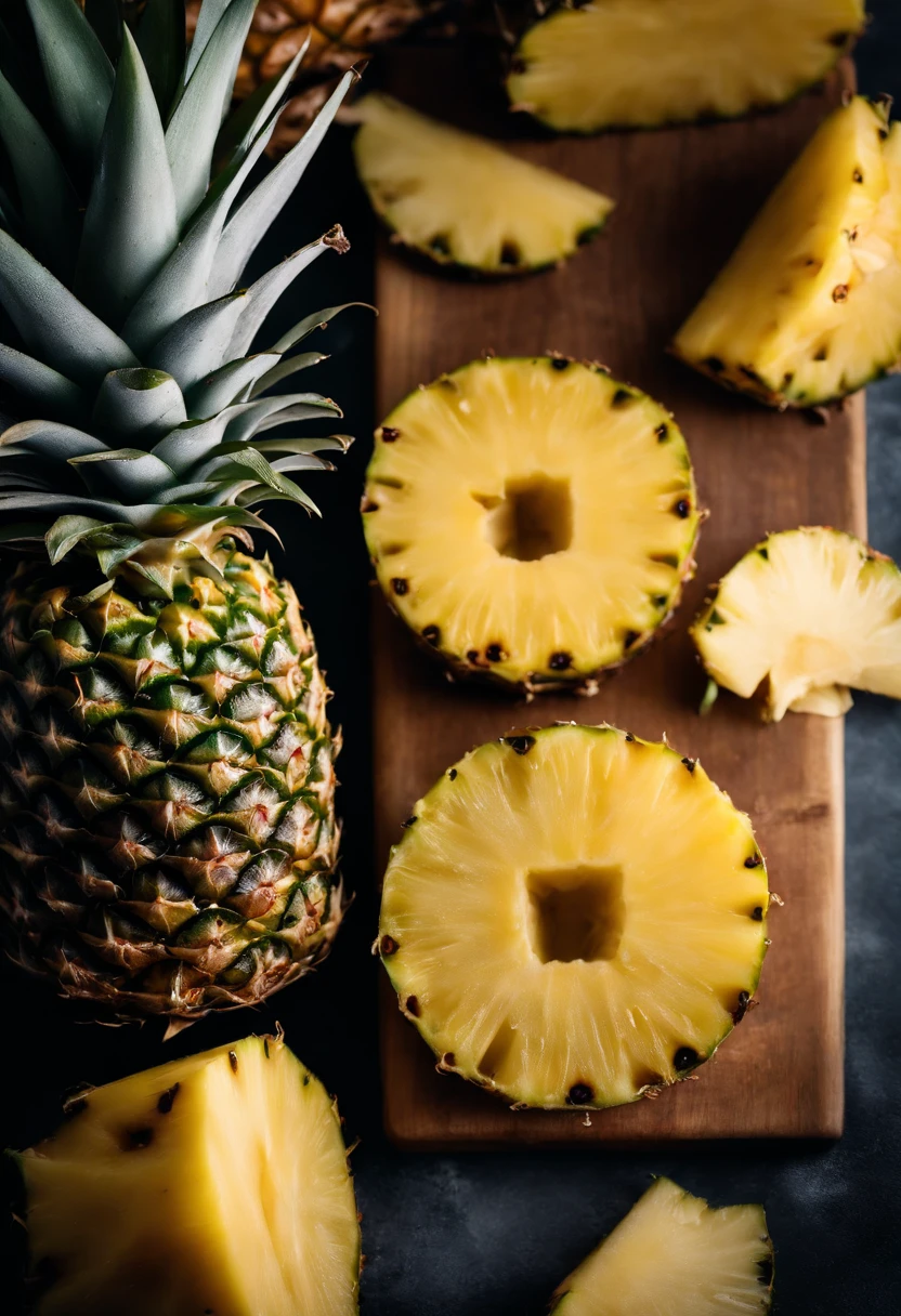 A high-resolution image of a pineapple on a wooden cutting board, with a stack of freshly cut pineapple slices next to it, creating a visually appealing and healthy snack display.