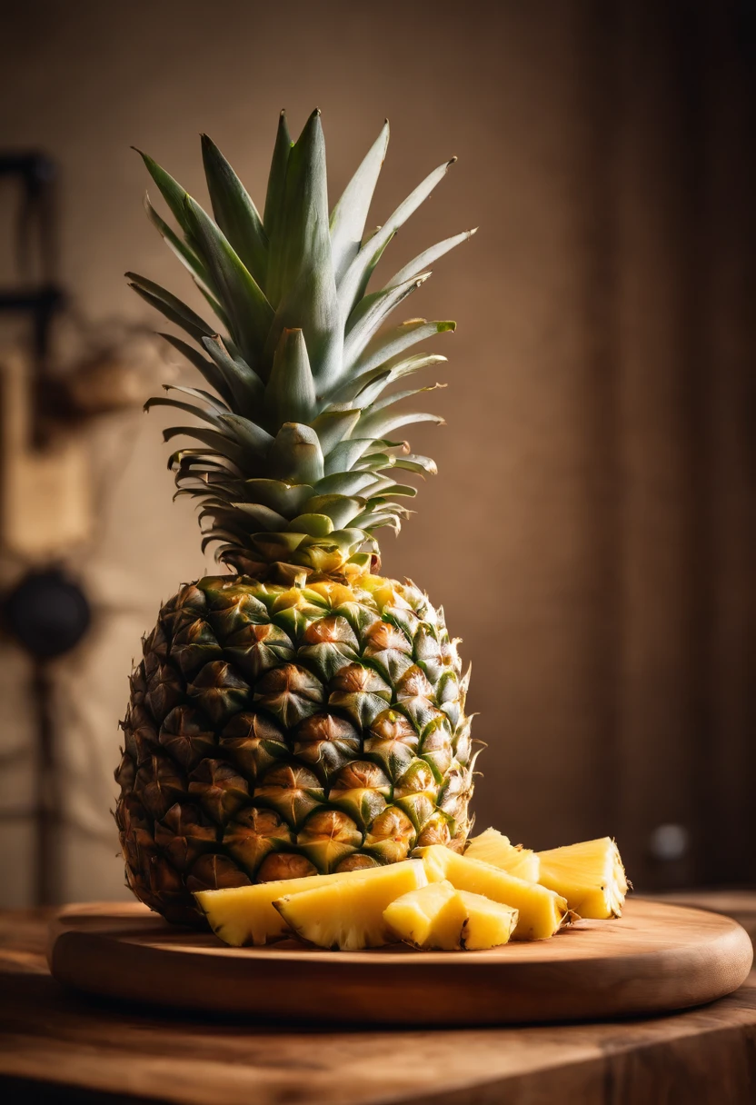 A high-resolution image of a pineapple on a wooden cutting board, with a stack of freshly cut pineapple slices next to it, creating a visually appealing and healthy snack display.