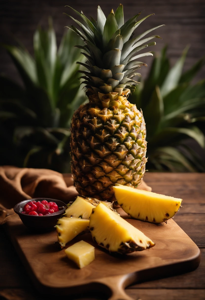 A high-resolution image of a pineapple on a wooden cutting board, with a stack of freshly cut pineapple slices next to it, creating a visually appealing and healthy snack display.