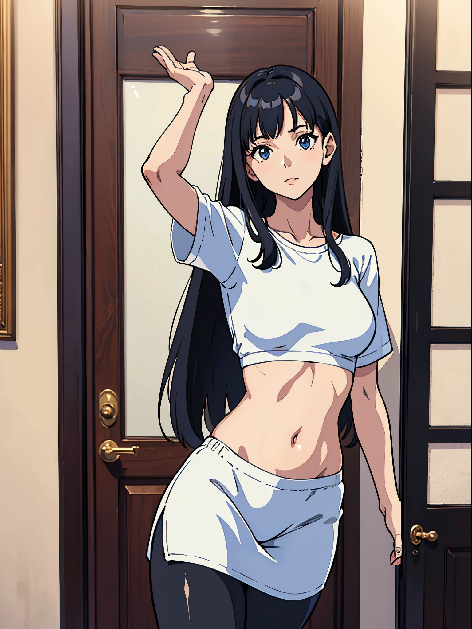 Woman wearing white short sleeves and black leggings，Posing for photos leaning against the door, Exposing the abdomen，The figure is good，The head is not exposed，[ 4K realism ]!!, [ 4K realism ]!!!, [ 4K digital art ]!!, Realistic shadow perfect body, realisticlying!!!!!!! art-style, photorealistic anime, by Shitao, Popular topics on cgstation, Casual pose, realistic anime 3D style