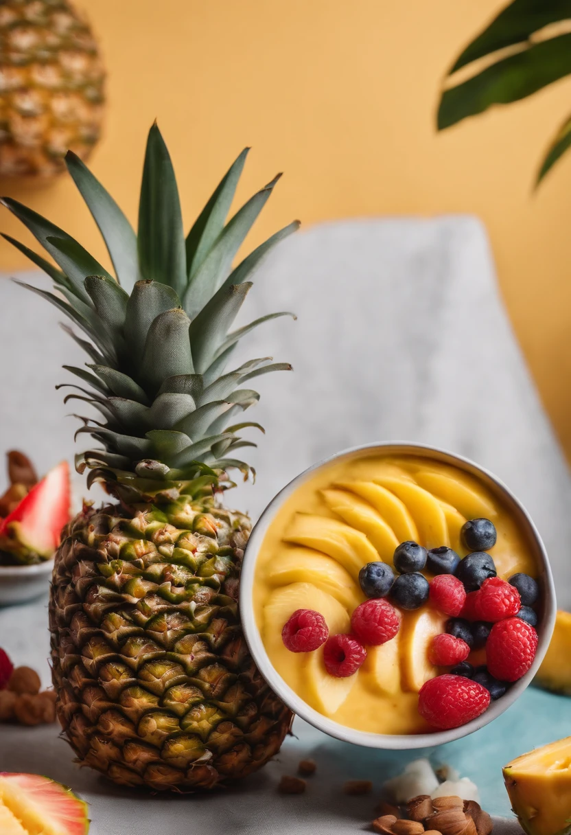 A visually stunning composition of a pineapple smoothie bowl, with a halved pineapple filled with a colorful and textured blend of fruits and toppings, creating a visually vibrant and nutritious image.