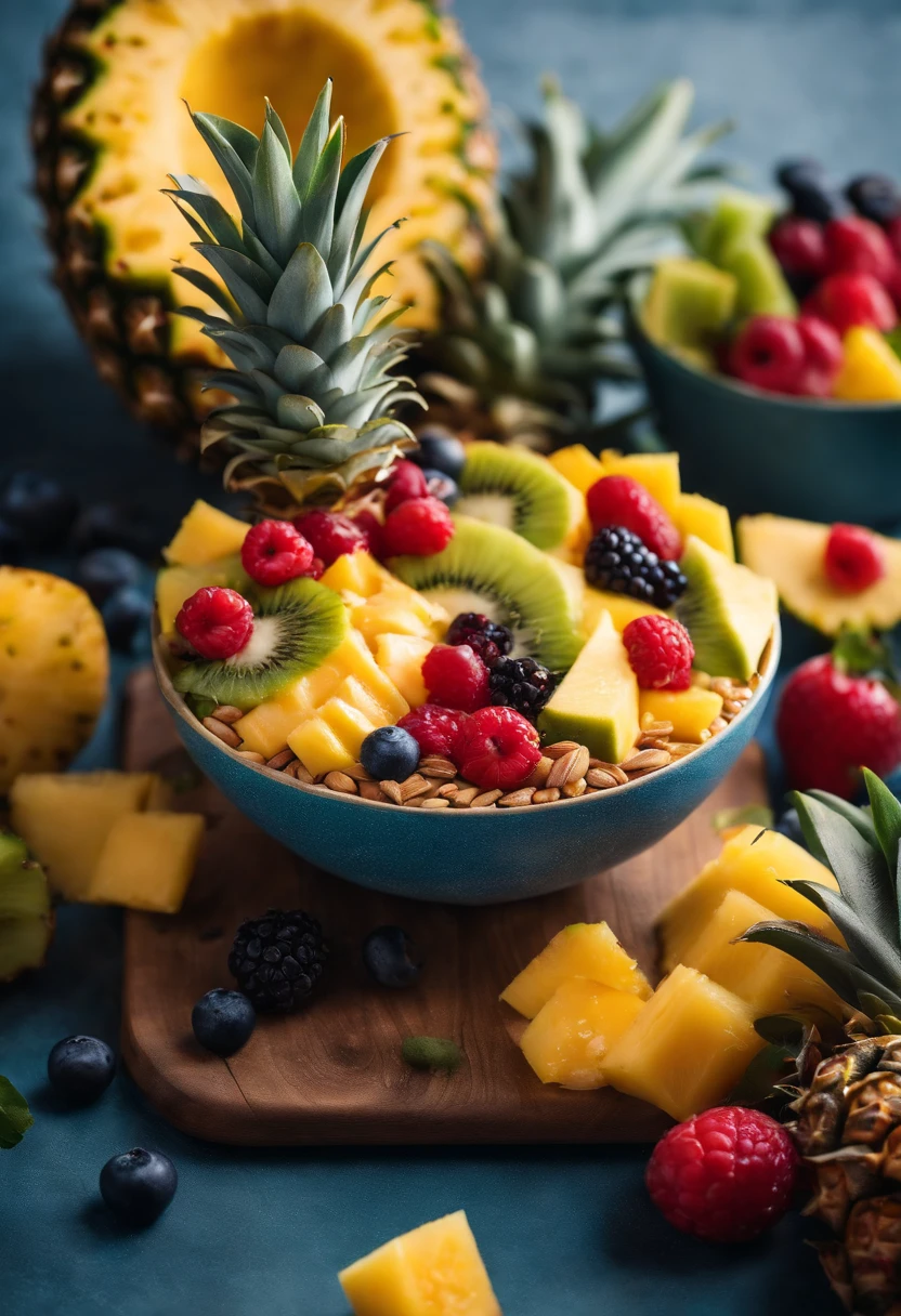 A visually stunning composition of a pineapple smoothie bowl, with a halved pineapple filled with a colorful and textured blend of fruits and toppings, creating a visually vibrant and nutritious image.