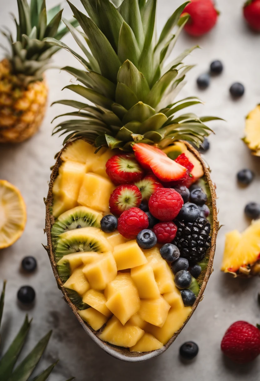 A visually stunning composition of a pineapple smoothie bowl, with a halved pineapple filled with a colorful and textured blend of fruits and toppings, creating a visually vibrant and nutritious image.