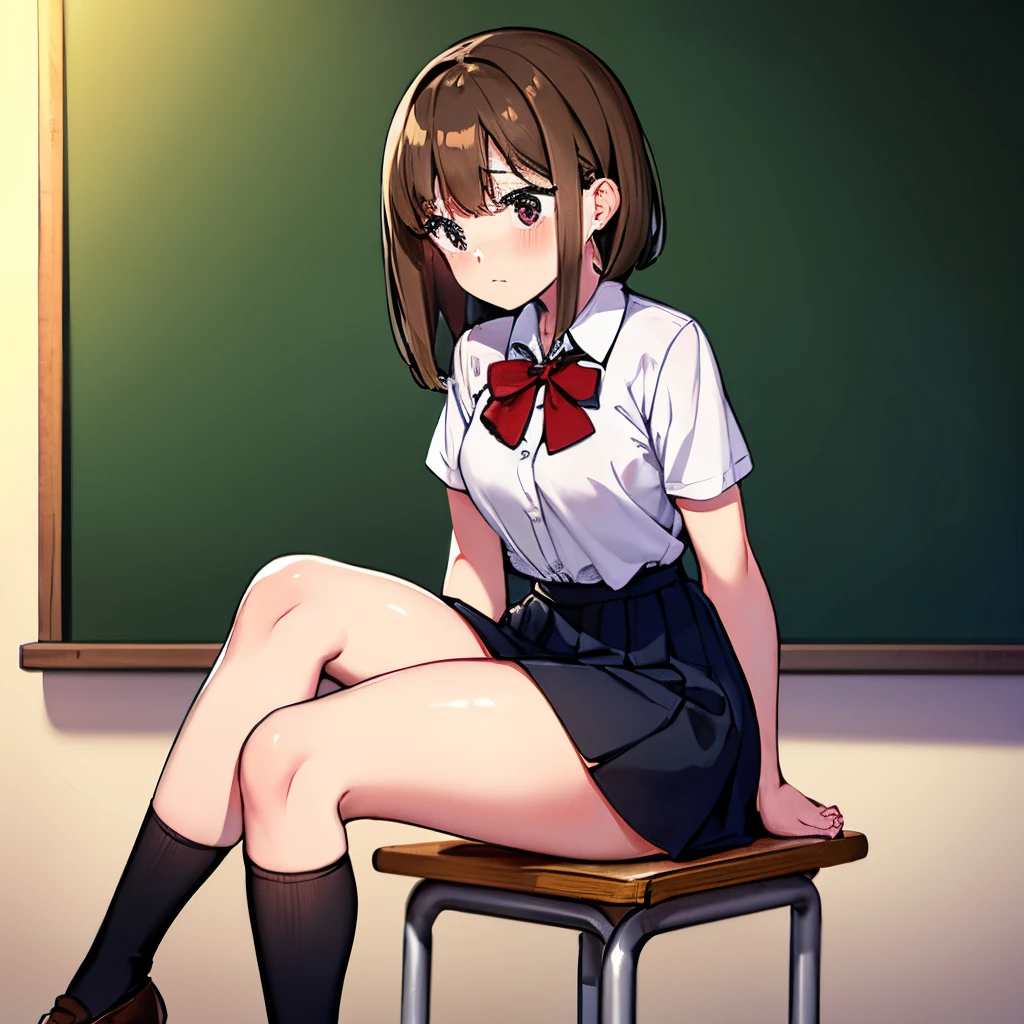 Student, short, straight hair, light brown hair, white blouse, black skirt, full body portrait, red bow-knotted ribbon on the chest, blushing, classroom, in front of the blackboard, sitting on a chair, looking to the right