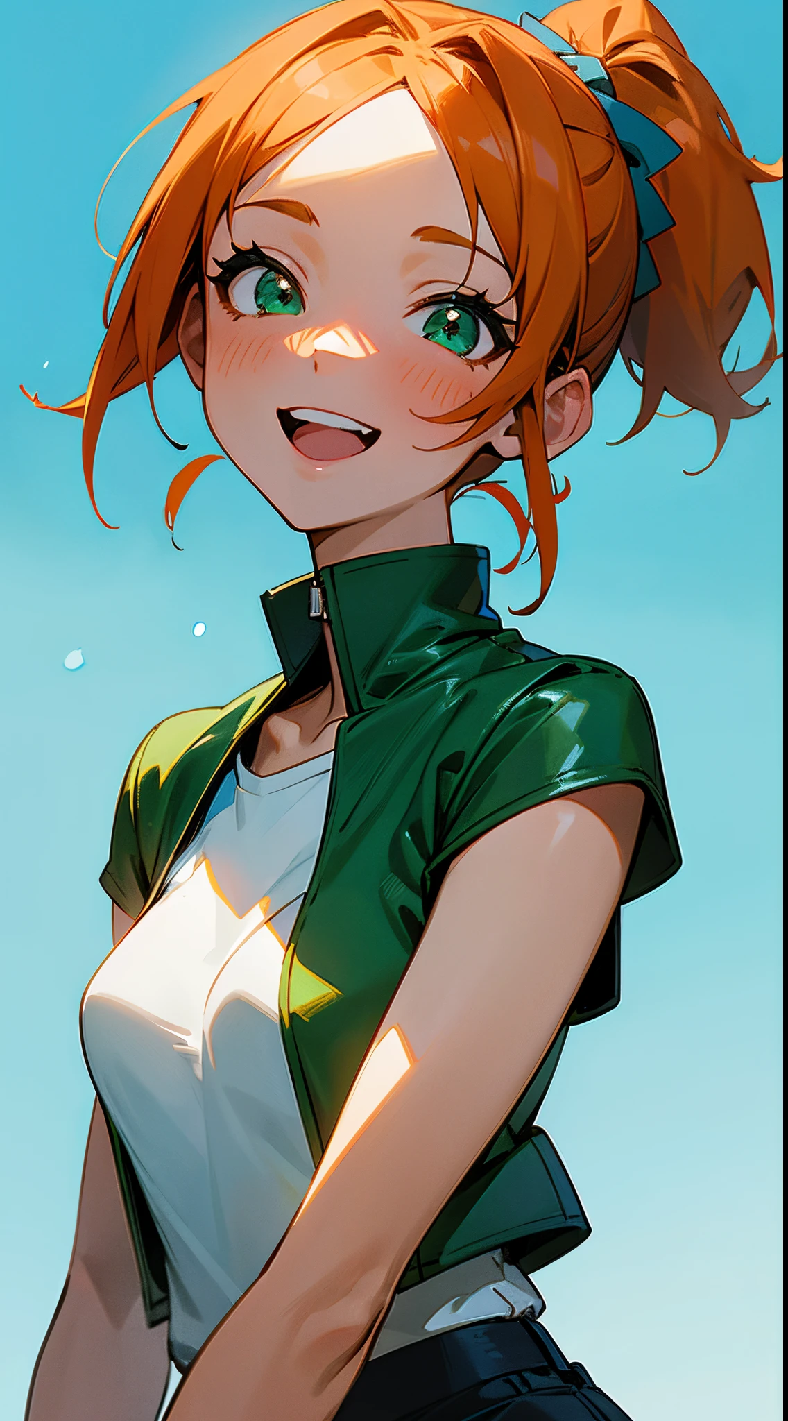 1 girl, Orange hair、large round green eyes、Side Ponytail、small tits, green leather jacket、Sky blue solid color background, Pure blue background, Dark blue background, warm tone, Warm light, Healing Line, (Best Quality, masutepiece, 8K), White T-shirt, Laugh, happily laughing, Upper body close-up, Anime style, Wallpaper, avatar, close up of head --v6