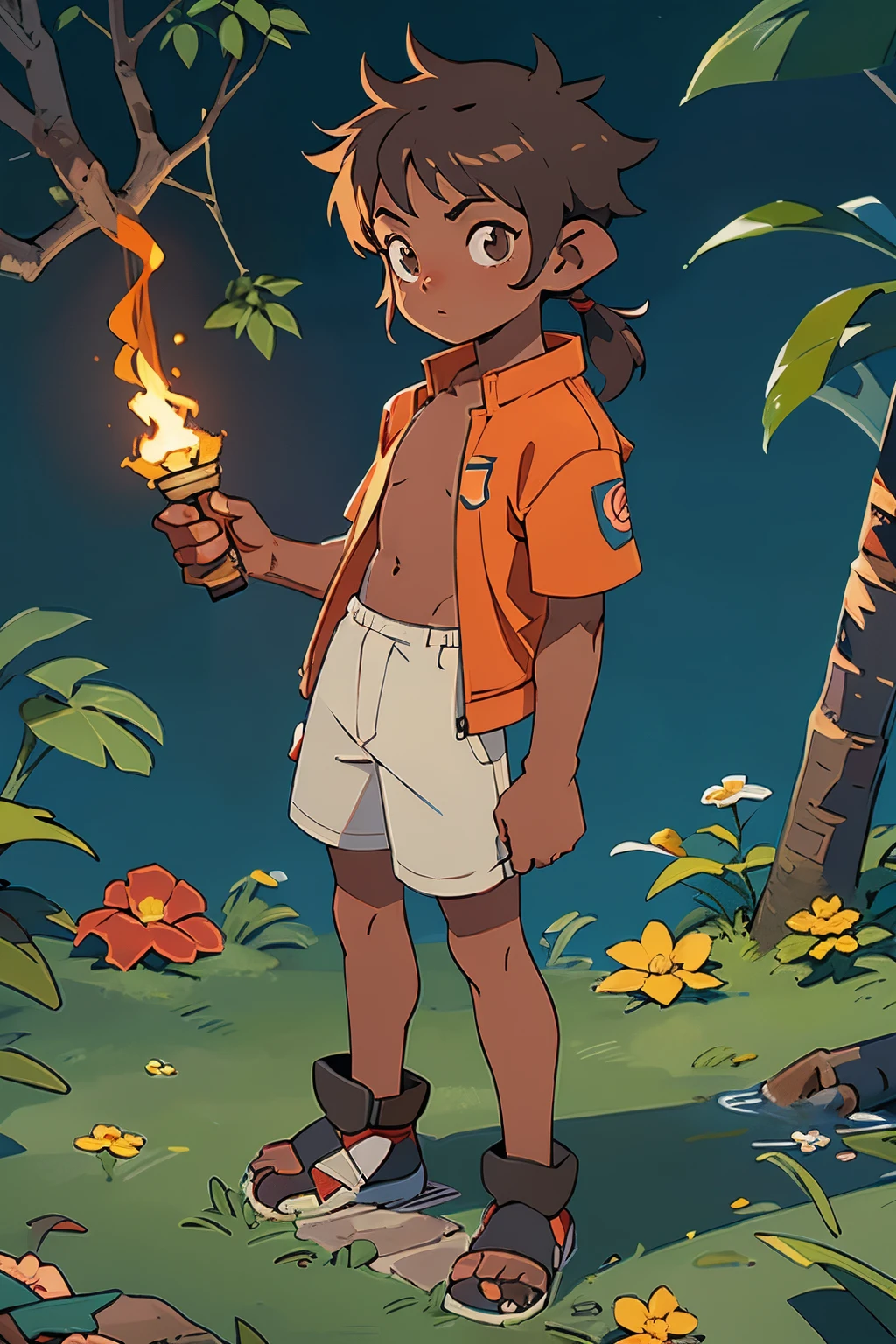 garoto, homem, corpo pequeno, cabelos ruivo, cabelo vermelho, short de folhas, sem camisa, sem camiseta, sem jaqueta, Pele preta, holding torch, fundo da floresta
