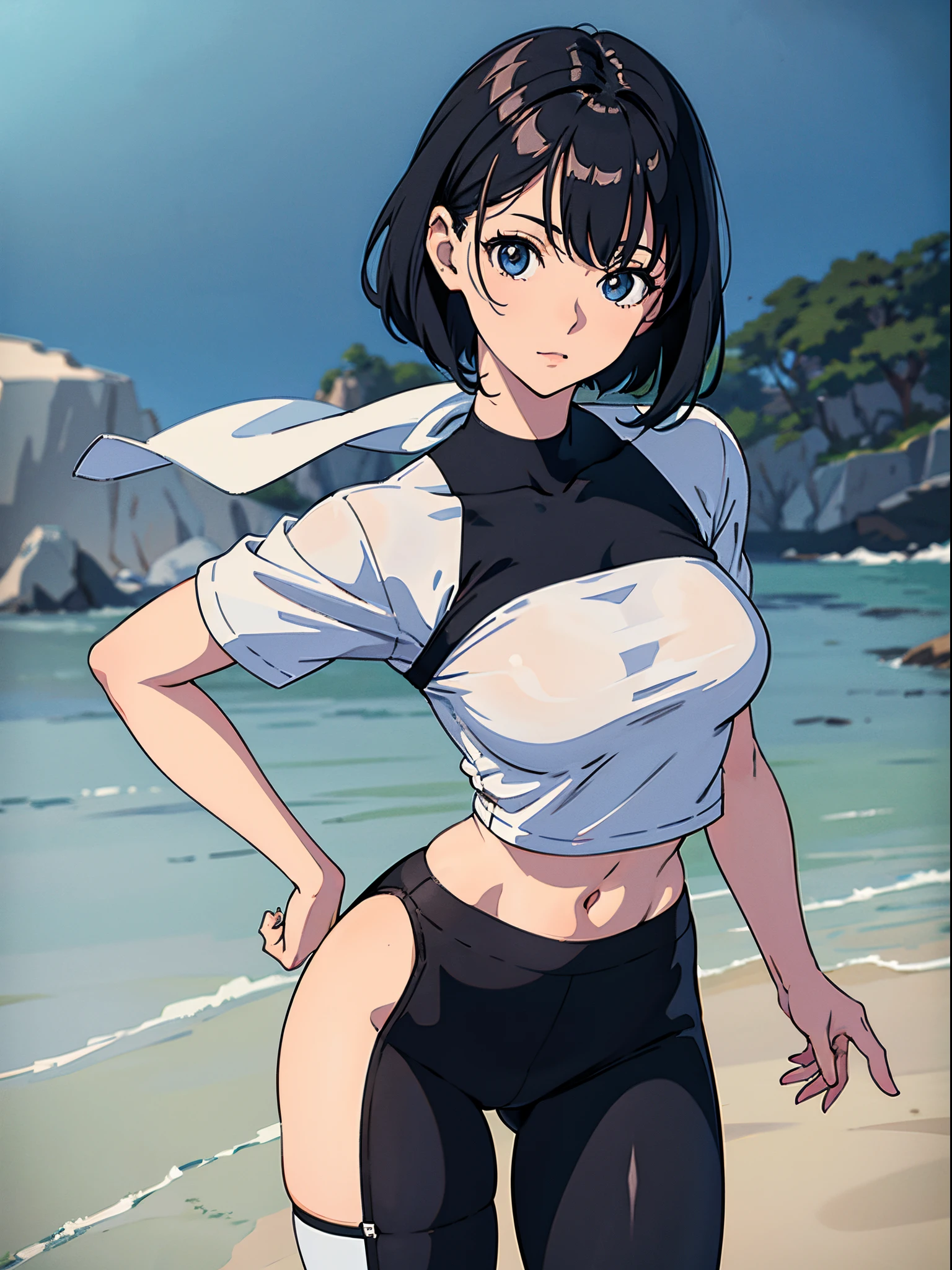 Woman wearing white short sleeves and black leggings posing for photo, Exposing the abdomen，The figure is good，The head is not exposed，[ 4K realism ]!!, [ 4K realism ]!!!, [ 4K digital art ]!!, Realistic shadow perfect body, realisticlying!!!!!!! art-style, photorealistic anime, by Shitao, Popular topics on cgstation, Casual pose, realistic anime 3D style