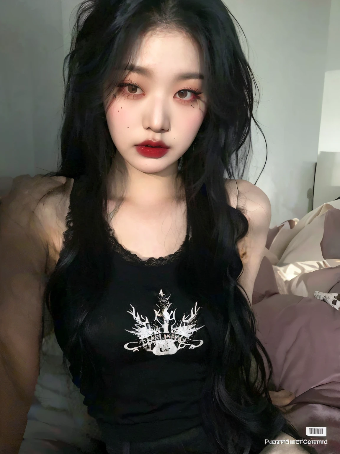 Arafed Asian woman with long black hair and a black tank top, cruel korean goth girl, ulzzang, goth girl aesthetic, pale goth beauty, Chica coreana, gothic aesthetic, 1 7 - year - old goth girl, con cabello largo y ojos penetrantes, Hermosa joven coreana, Hermosa mujer surcoreana, con el pelo largo