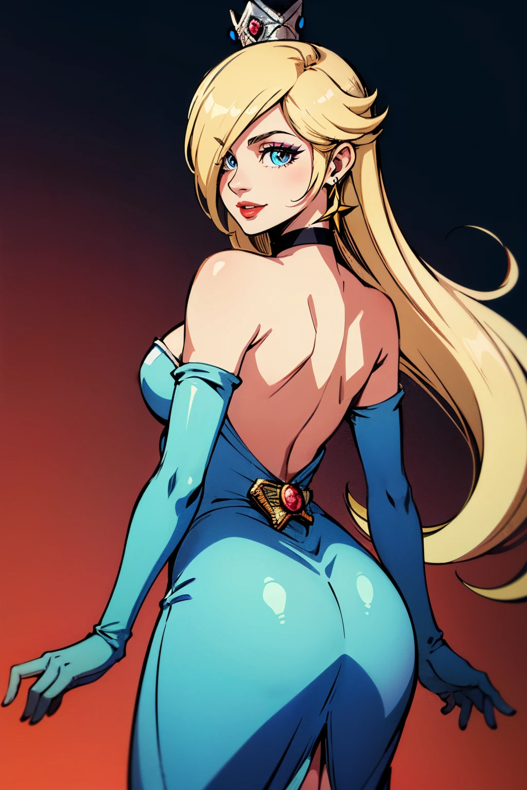 rosalina, crown, blue dress, long dress, backless dress, long white elbow gloves, smile, light red lipstick, dark purple eye shadow, makeup, black choker, cowboy shot
