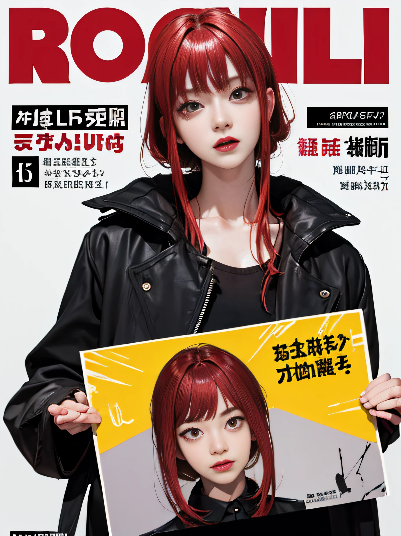 (masterpiece、top-quality、hight resolution)、 Kana Arima \(Oshinoko\), full of shyness、red hairs、Bob Hair、a miniskirt、Cheeks in a tight skirt、Wavy mouth、(((Dramatic)))、(((gritty)))、(((vehement))))The poster of the film appears as a central character。She is shy in the center of the poster、Wearing an idol costume、Has a determined look。The background is dark and rough、I feel like I'm drunk。Text is bold and eye-catching、Catchy slogans add to the overall drama and excitement。The color palette is dominated by dark colors.、Bright colors dotted、Make your poster dynamic and visually impactful、Tachi- e(magazine:1.3)、(cover-style:1.3)、Fashionable、with a vibrant、outfits、the pose、the front、colourfull、Dynamic、Background with、element、self-assured、Expressively、ngel、statement、attachment、An majestic、coiled、surroundings、Touch、The scene、Texto、covers、boldface、grab attention、Titles、lo fashion、Font、Catchy、Titles、Large、grab attention、moderno、 Trendy、concentrating、Stylish、1 girl in