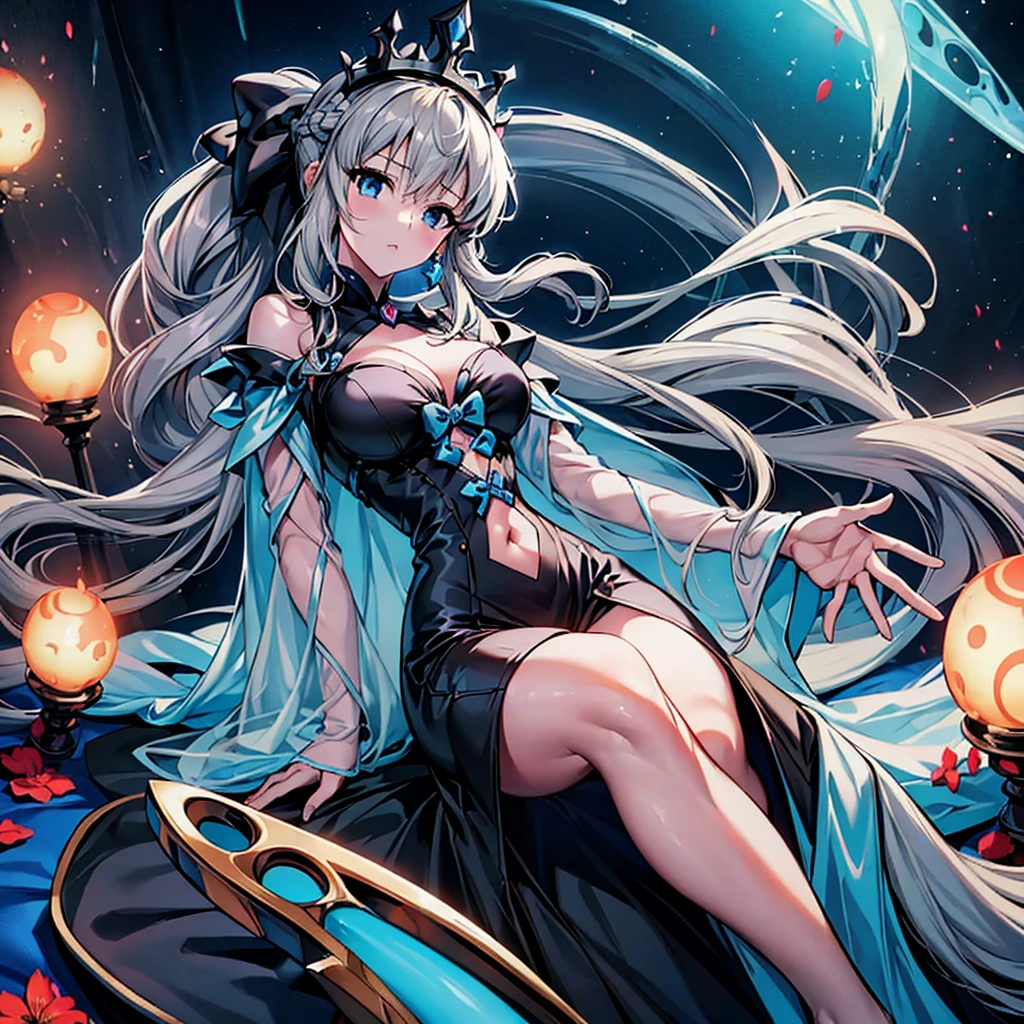 （Enrich the picture，Masterpiece level quality）Beautiful 8K CG artwork,1girl,(((solo))),morgan le fay (fate), blue eyes, Long Hair, pony tail,Very long hair, big boob, black bow, looking at viewer, gown, Hair Bow, thights, thights, black dress, Bangs, side locks, French braid, grey hair,Goddess-like posture,Kneeling exercise,Slim and soft,Translucent skin,big breasts,lying on your back,leg extension,m legs,Look at the viewer,expression to the top,on bed,