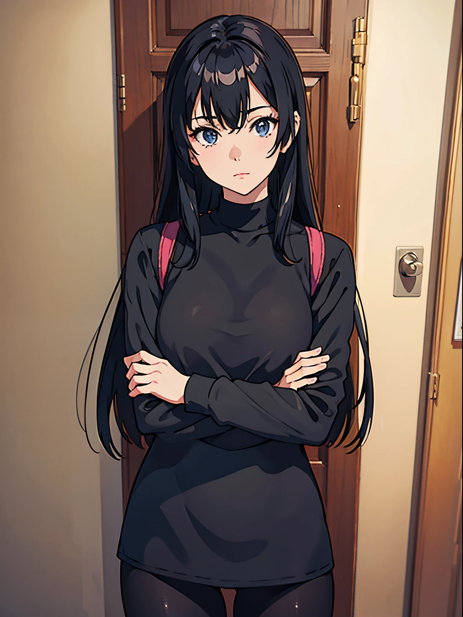 A woman who is，Wear black leggings，Posing for photos leaning against the door, The head is not exposed，Wearing half-sleeved upper body，[ 4K realism ]!!, [ 4K realism ]!!!, [ 4K digital art ]!!, Realistic shadow perfect body, realisticlying!!!!!!! art-style, photorealistic anime, by Shitao, Popular topics on cgstation, Casual pose, realistic anime 3D style