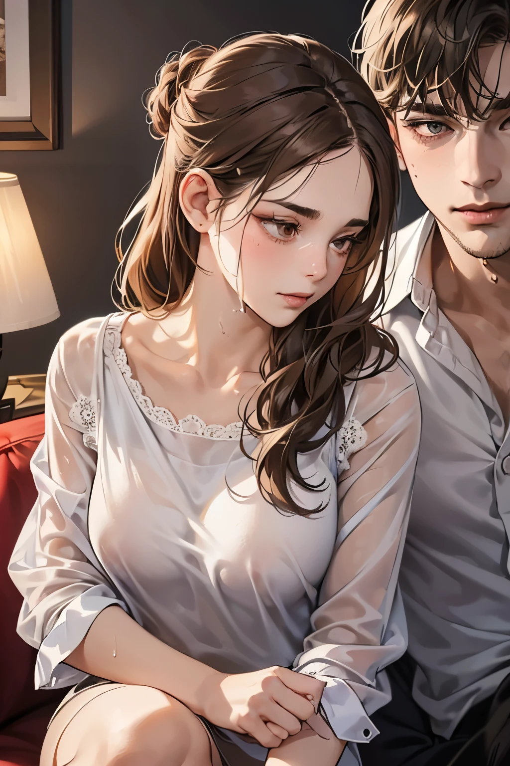 (masutepiece, Digital Art, Digital Illustration, 4K, 8K, Ultra-detailed, beautiful image, Sharp Image, Photorealistic, Raw photo, Perfect face, Perfect lines, Perfect eyes, Soft lighting) 1 woman, (lightbrown hair,Chignon hair in a high position,Innocent look,Lowered eyebrows,drooping eyebrows,drooing eyes,cute large eyes,natural make up,kindly smile,Round jaws,23 year old petite woman:1.3),Two handsome men in suits, (ember,Men in suits,well-muscled,Firm shoulder width,Adult male,Boyish hairstyle,English gentlemanly style,Man in his 30s with a cool expression,28-year-old man with bright smile:1.2),(Nervous,be shy,sleepy,embarrassed from:1.2),innocent smiles,(embarrassed from,Shy smile:1.1),Light-filled living room、sofas、couch、the kiss、kiss、a couple、couple kissing、Romance、ssex、have sex、Wet pubic area、insert 、Rape、Overflowing、Full body painting,(One Girl And One Man,Having sex:1.5),(ember,Adult male,Rubbing the girl's boobs:1.2),Cheek dyeing、gasping face、embarrassed、boredom、begging、Unhappy、Greedy expression,Wet pubic area、 xen、Open your crotch wide、Cowgirl、Fluttering chest、Wet shirt、Sheer lace underwear、Big Size Shirts