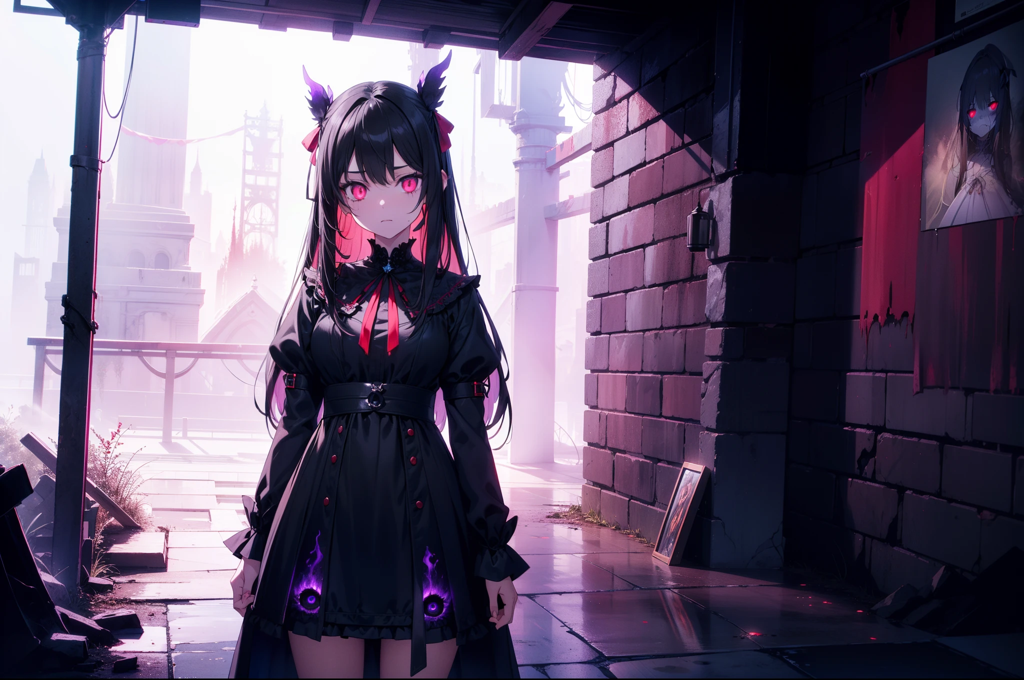 1 li girl ,standing in front of hell gate ,front , character focus, concept art, fantasy art, (red and violet lighting),cinematic lighting, (black fog) , (rape face) ,black long straight hair, black hair, hair ribbon , red eyes,black dress, (glowing eyes), (((horror art))), high resolution,(incredibly absurdres) ,extremely detailed CG unity 8k wallpaper, ((masterpiece)), ((top-quality)), (beautiful illustration), ((an extremely delicate and beautiful))
