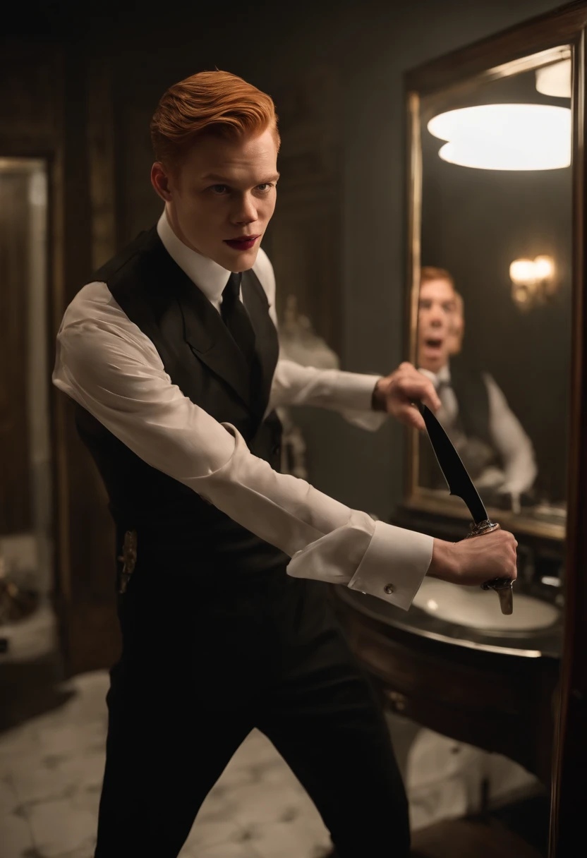 The image is of Jerome standing in front of a mirror, holding a wicked-looking knife and grinning maniacally. His eyes are wild with excitement and he appears to be getting ready for some mischief.,Gotham TV series,Jerome is tall, pale, has short ginger hair, famously portrayed by Cameron Monaghan