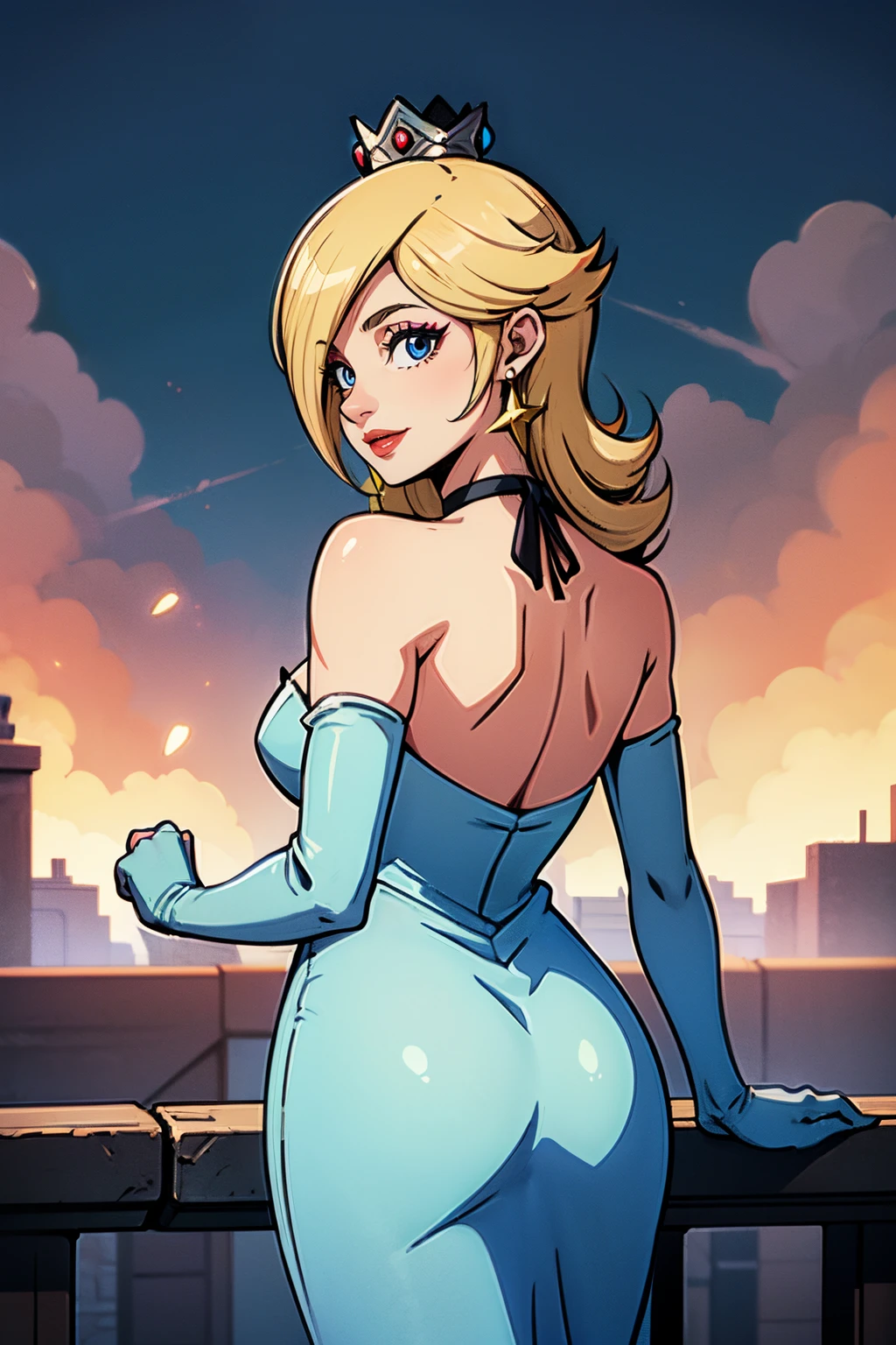 rosalina, crown, blue dress, long dress, strapless dress, backless dress, long white elbow gloves, smile, light red lipstick, dark purple eye shadow, makeup, black choker, cowboy shot