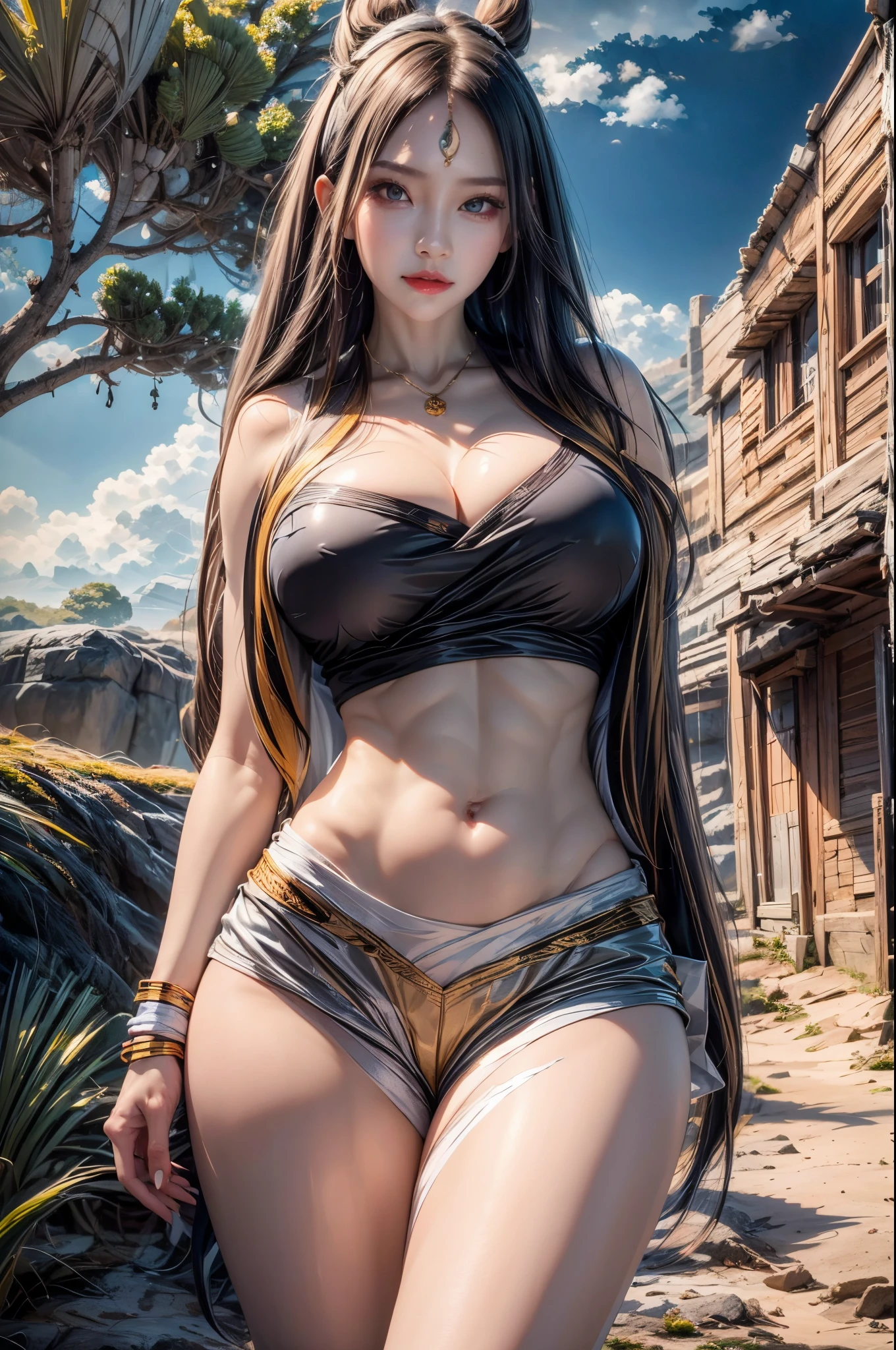 realistic, 1 women, best quality, 12k, HD, long hair, big round breasts, cleavage, ponytail, necklace, jewelry, shorts, short jacket, slim hips, hair tie, yellow eyes, black hair, super detailed, Eye details, hair details, person details, mouth details, face details, breast details, clothes details, hair details, pants details, hand details, whole body