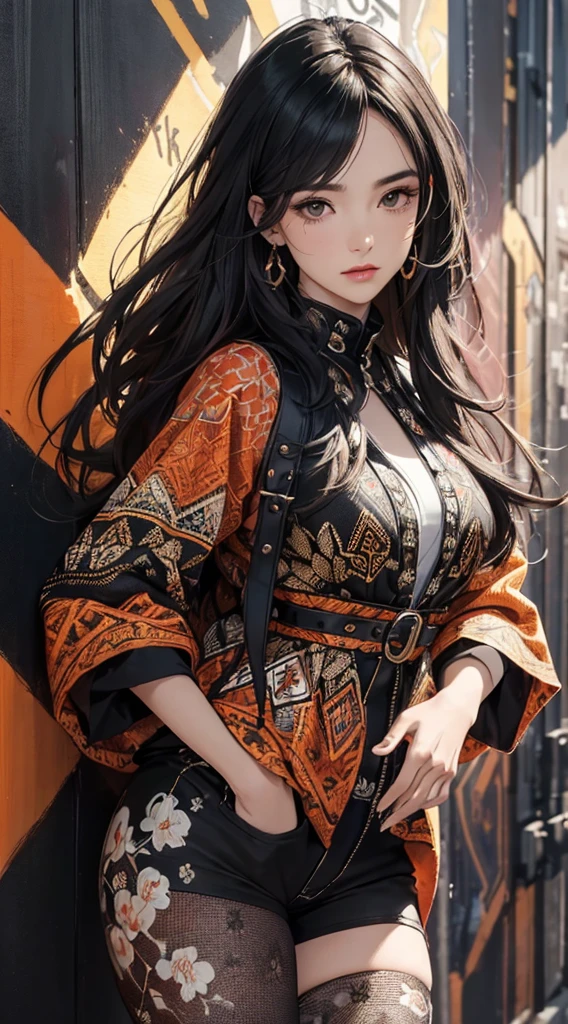 (((8k wallpaper of extremely detailed CG unit:1.2, masterpiece, hight resolution:1.2, top-quality:1.2, masutepiece))), ((a very beautiful woman, Hands in pockets:1.8, Grunge Fashion:1.2, Wear outerwear:1.2, Wearing hot pants, wearing tights and boots)), ((extra detailed face, Highly detailed black eyes:1.3, extra detailed body, Top quality real texture skins)), (A dark-haired, length hair, de pele branca), ((Colorful geometric patterns are painted all over the wall., Colorful wall)), (Fisheye:1.3, high-angle:1.2, a closeup), hyper realisitic, digitial painting,