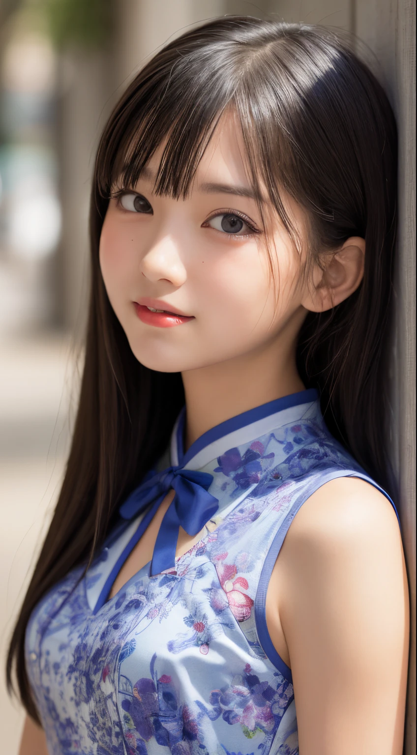 masutepiece, Best Quality, 8K, 8years old, Teen, Raw photo, absurderes, award winning portrait, Smile, Solo, Idol face, Delicate girl, Upper body, Digital SLR, Looking at Viewer, Candid, Sophisticated,Thin arms, Professional Lighting, Film grain, chromatic abberation, (Eyes and faces with detailed:1.0), (Bokeh:1.1) , (Glamorous cheongsam:1.1) , closes mouth , A dark-haired , drooing eyes , large full breasts , (Thick lip:1.2) , 15-year-old face , red-lips , de pele branca