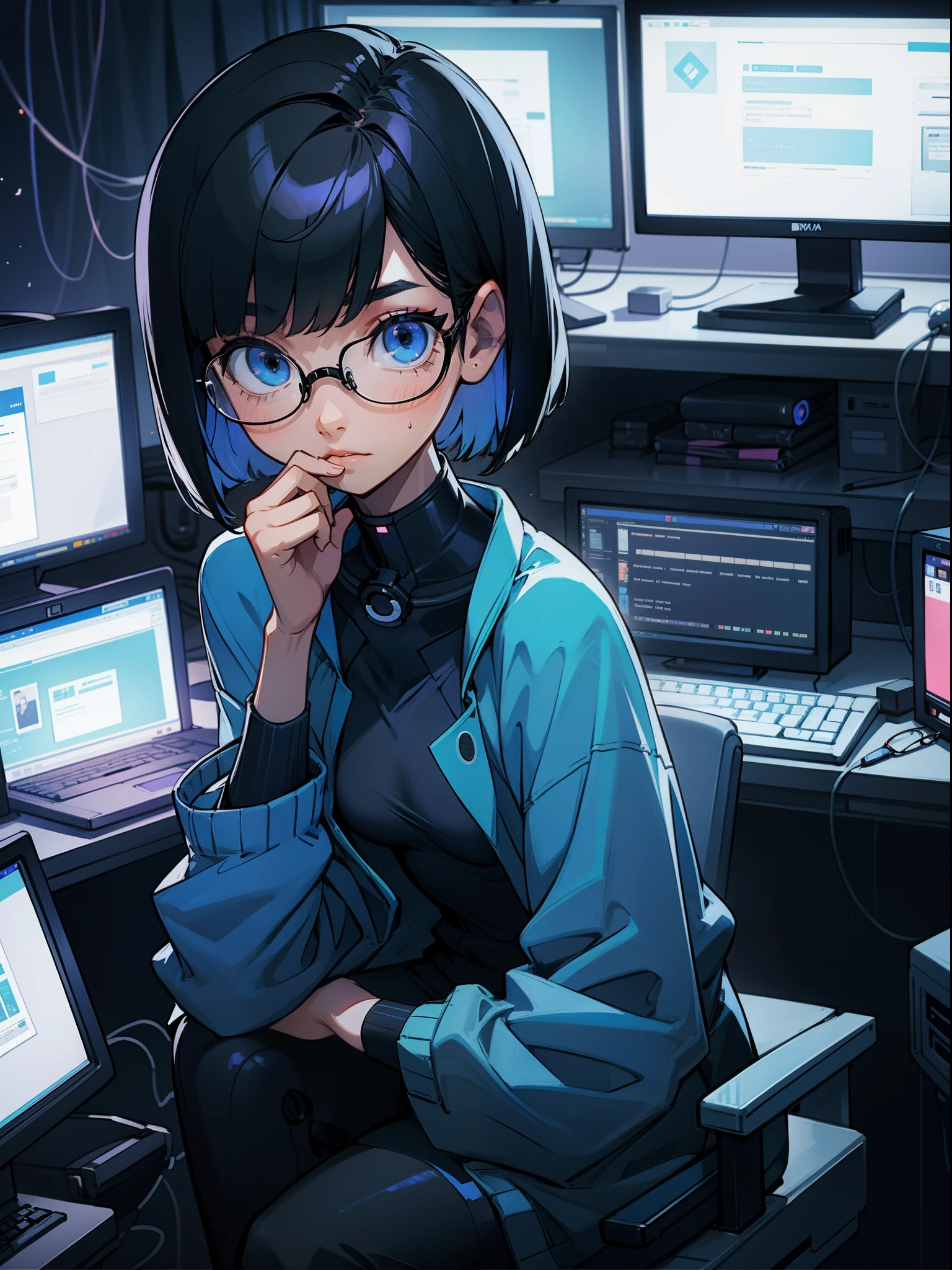 A woman with short black bob hair wearing glasses is sitting at a computer desk、A genius hacker who uses a lot of monitors、room with blue lighting