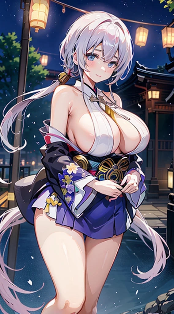Anime illustration Plump body Beautiful girl Kyoto city at night Delicate and luxurious embroidery Black yukata Late night fantasy Archaic smile Flowers bloom、Colossal tits、Sparkling eyes、fantastical light、超A high resolution、Close-up of people、Anatomically correct human body、One Person